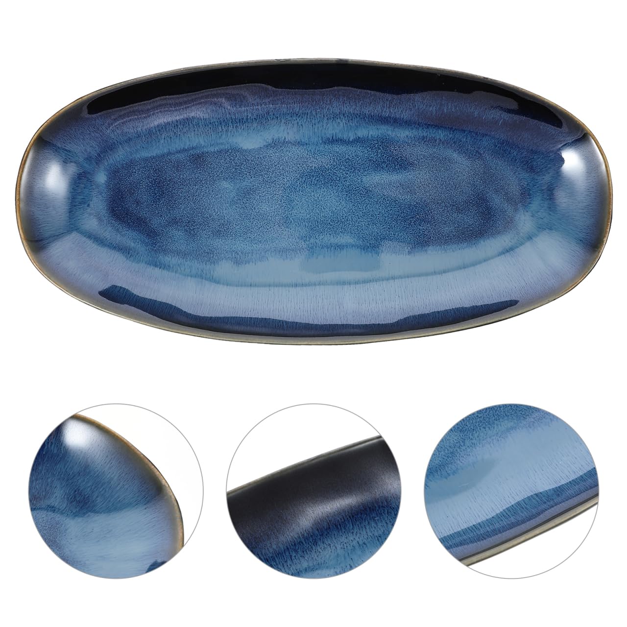 Cabilock Plat De Service Ovale en Céramique Émaillée, Assiette pour Sushi, Fruits Et Apéritifs, Passe Micro-Ondes Et Lave-Vaisselle, Bleu, 34.7 X 16.8 X 3.5 Cm