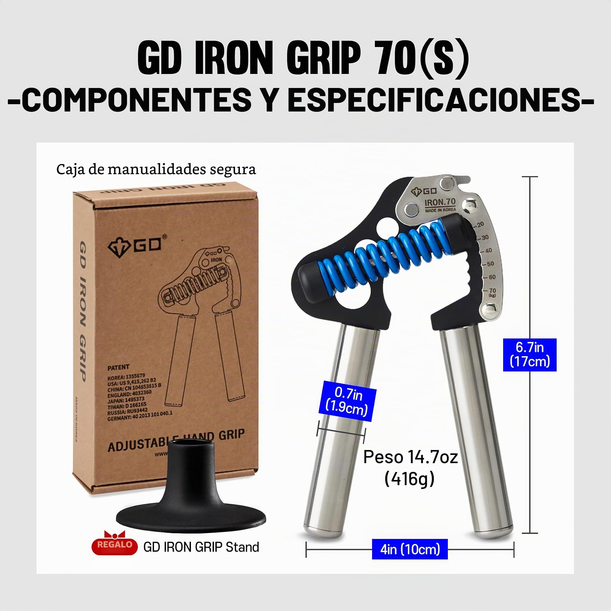 GD Iron Grip 70 - Fortalecedor de mano (agarre de mano ajustable) Entrenador de fuerza de muñeca y antebrazo