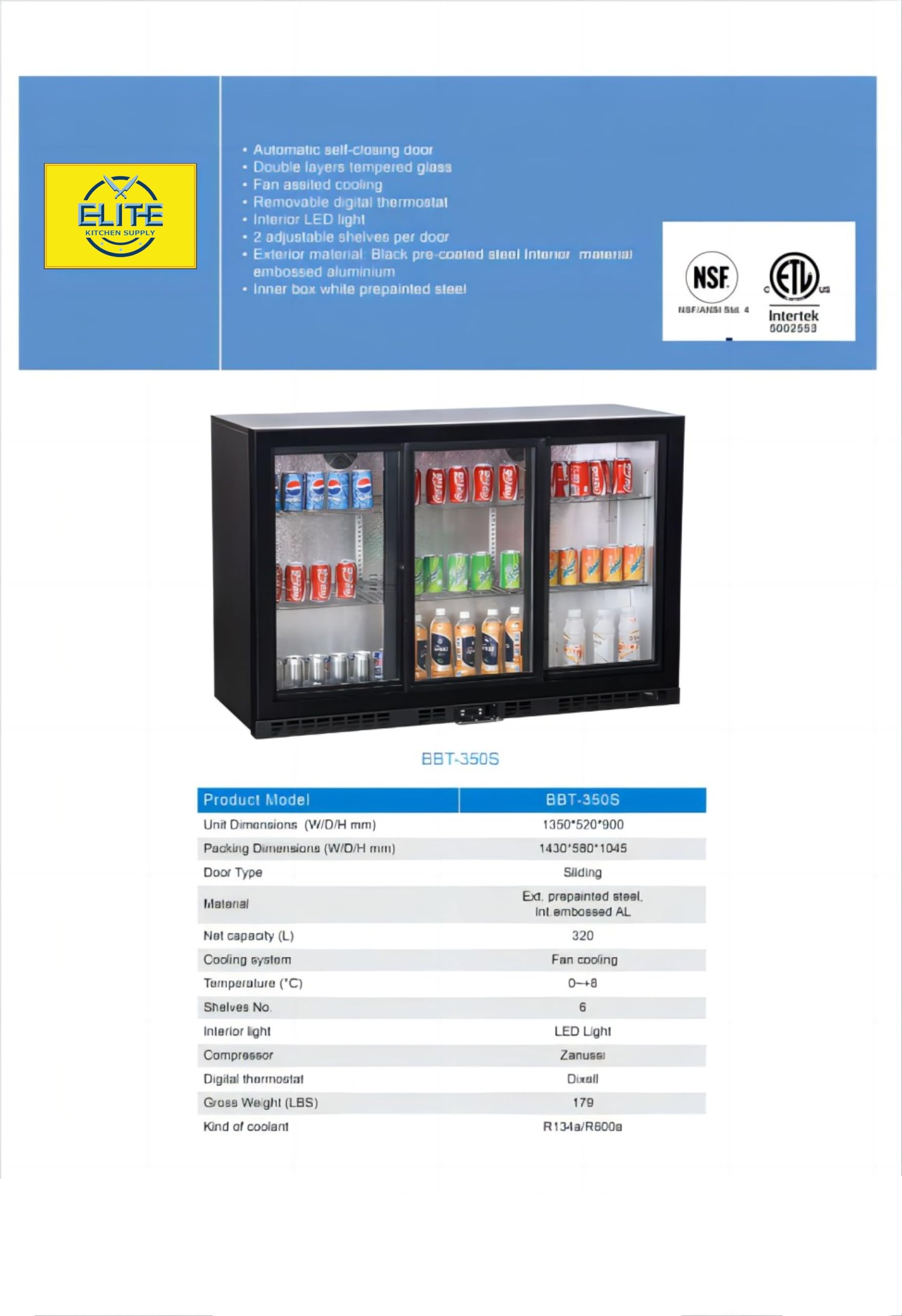 Elite Kitchen Supply Commercial Beverage Back Bar Cooler, ETL Restaurant Upright under counter Stainless Steel 3 Slide Glass Door Display Merchandiser, LED Lighting Refrigerator, 53