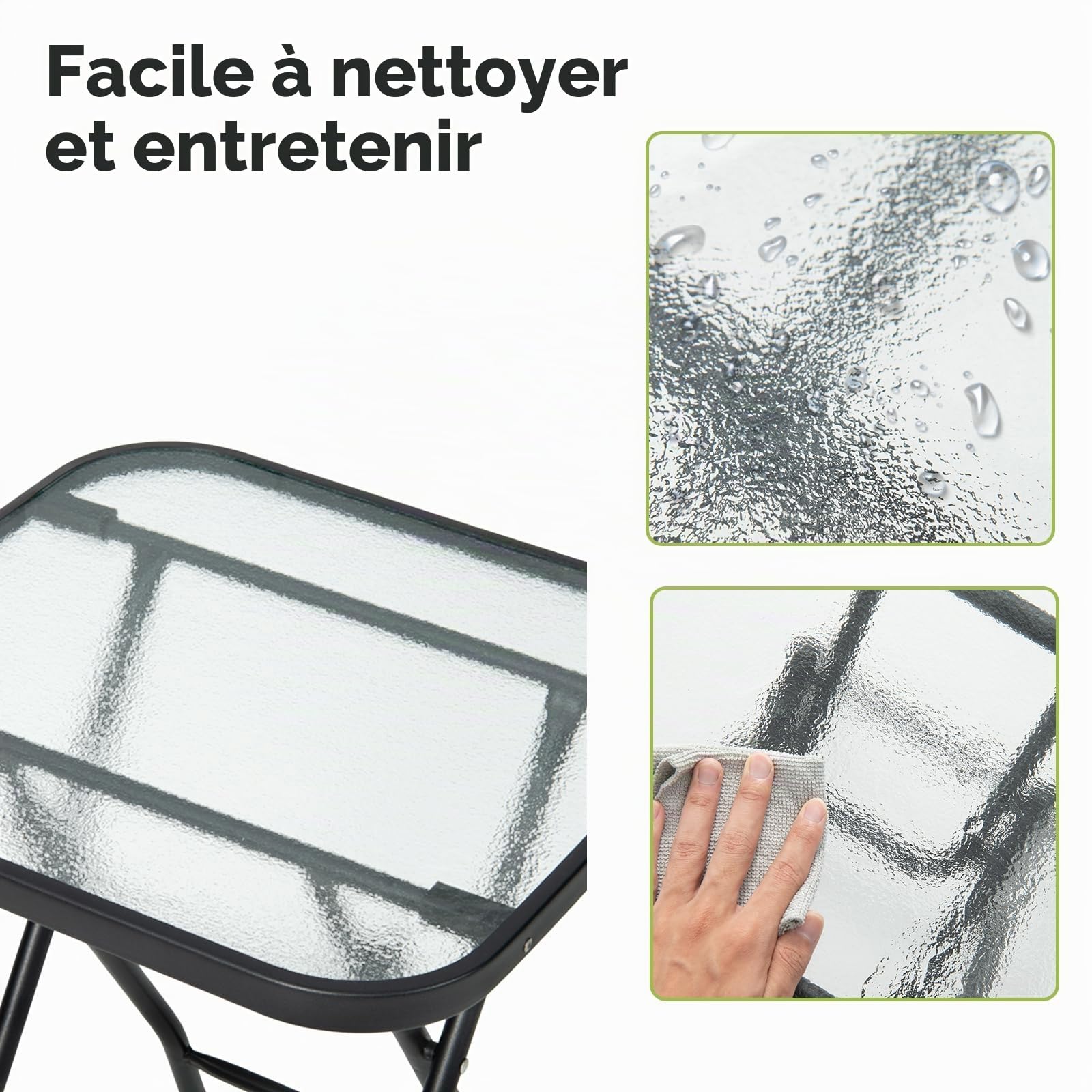 KOMFOTTEU Table de Jardin Pliable, Verre, Carrée, 46,5 x 46,5 x 47,5 cm