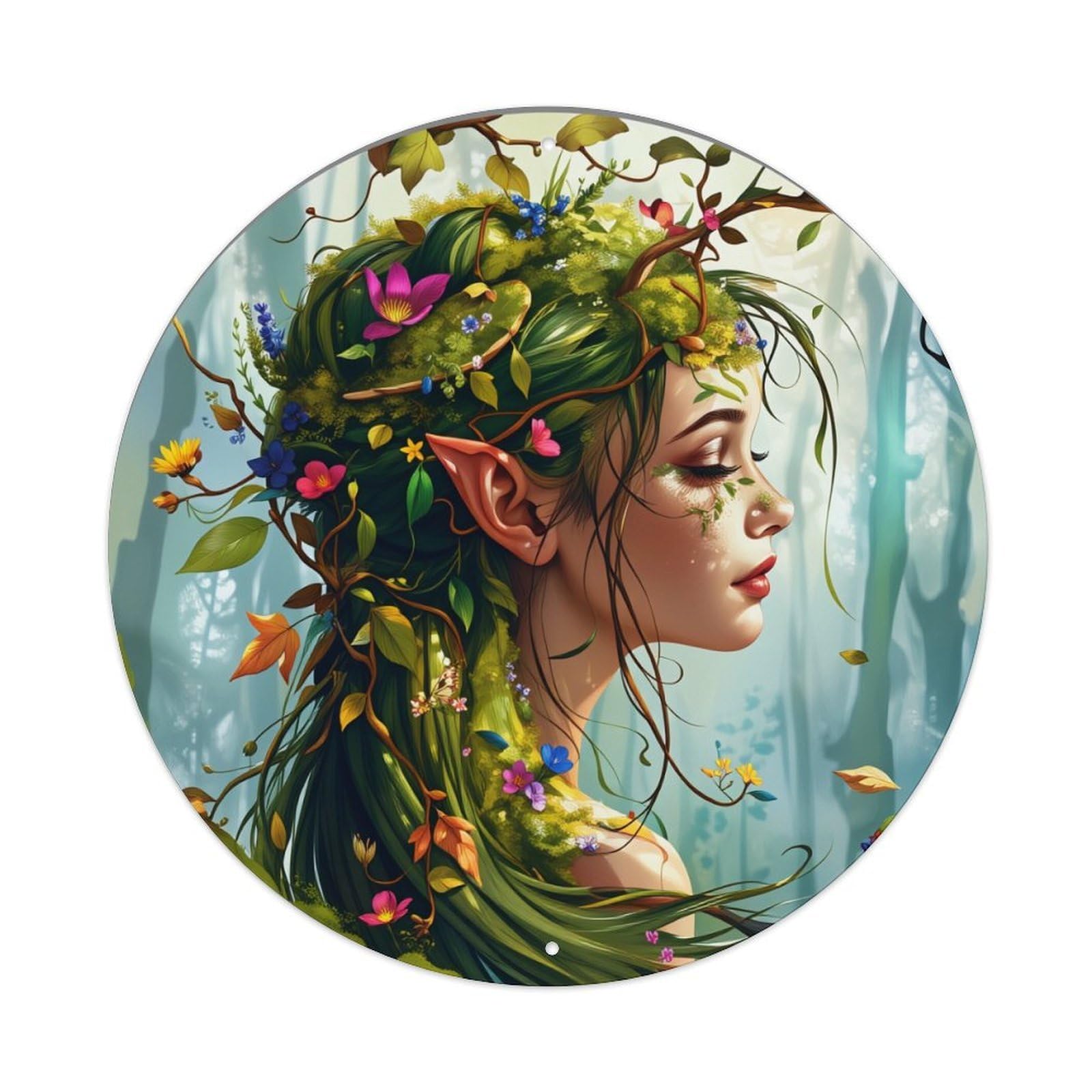 Elven Forest Maiden Portrait Art Round Tin Sign Vintage Metal Sign Home Bar Garden Indoor & Outdoor Wall Decor Retro Metal Poster 8x8 Inch