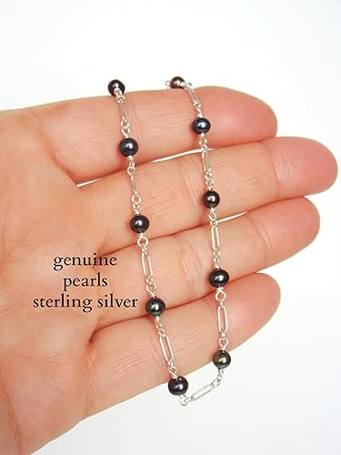 Miniatura 3 de Black pearl anklet, sterling silver, dainty ankle bracelet, adjustable length, peacock pearls, 9.5-10.5 inches
