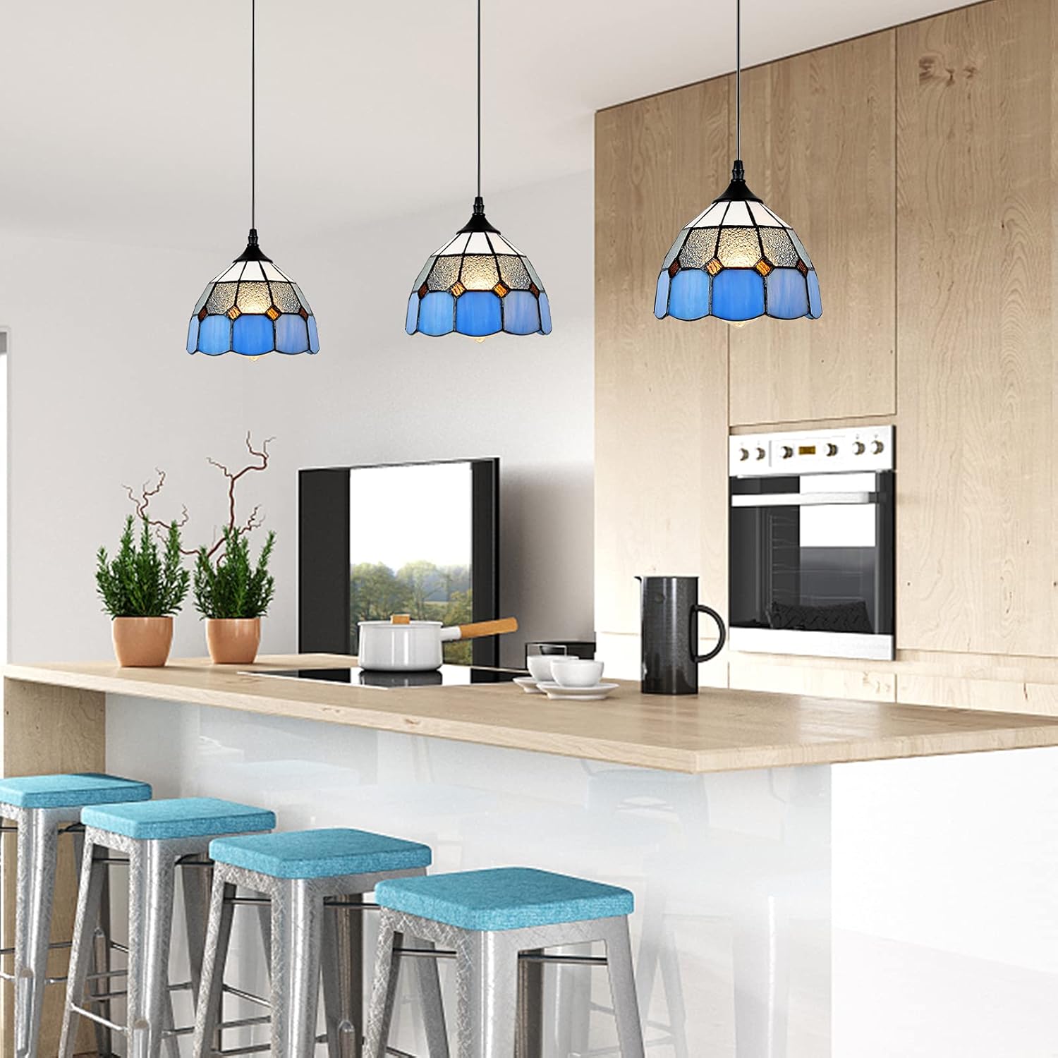 Tiffany Style Plug in Pendant Light Mini Chandelier with 16.4 Ft Hanging Cord and in Line On/Off Dimmer Switch, Vintage Swag Ceiling Lamp for Dining Room, Bedroom or Porch (7.9" in Width)