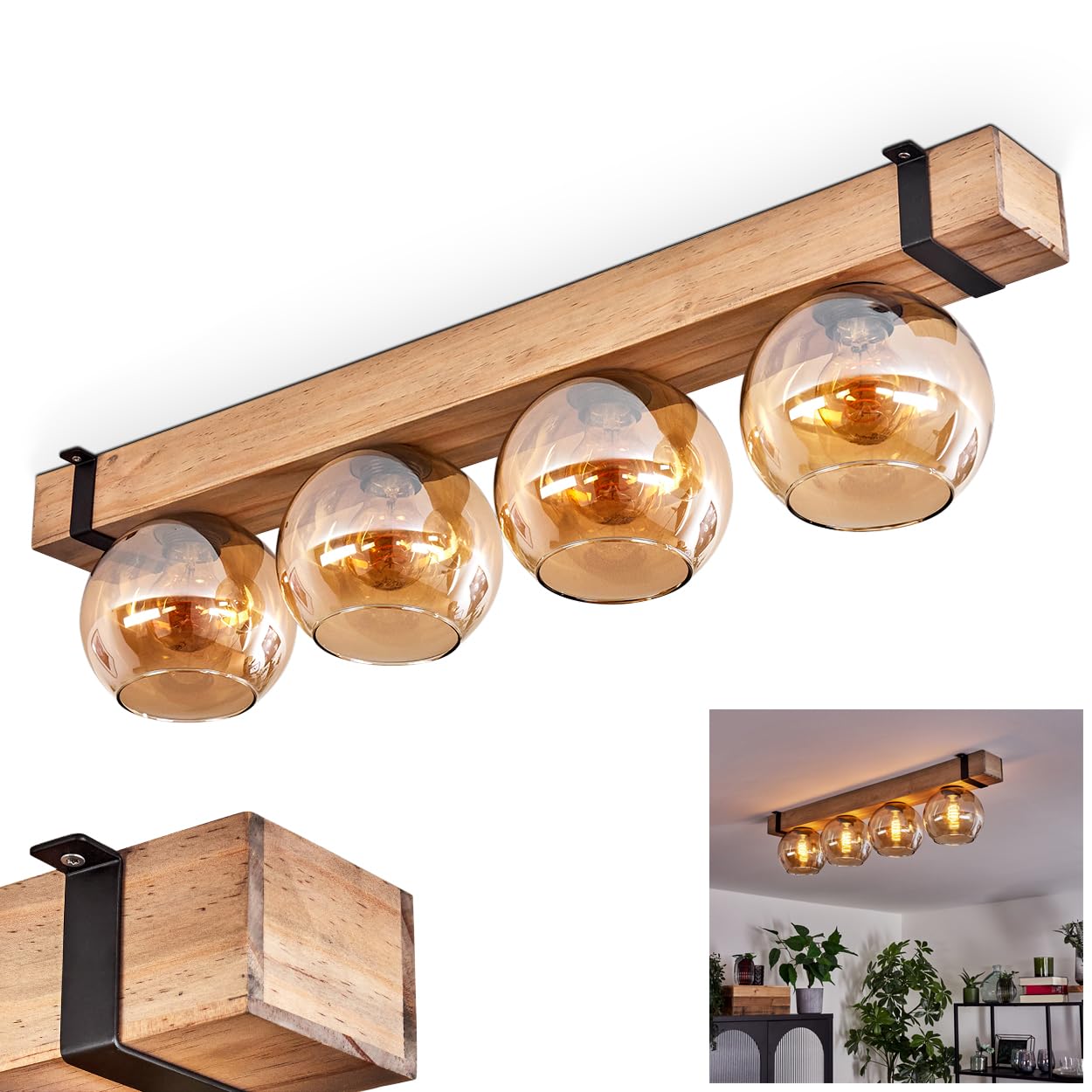 Hofstein Light/Black/Amber Montgomery Ceiling Ceiling Lamp Made Of Metal/Wood/Glass In /Natural/ Colour, Scandinavian Design With Wooden Beams (80 Cm) And Glass Globes (Ø 15 Cm), 4 X E27 Socket, Without Bulbs