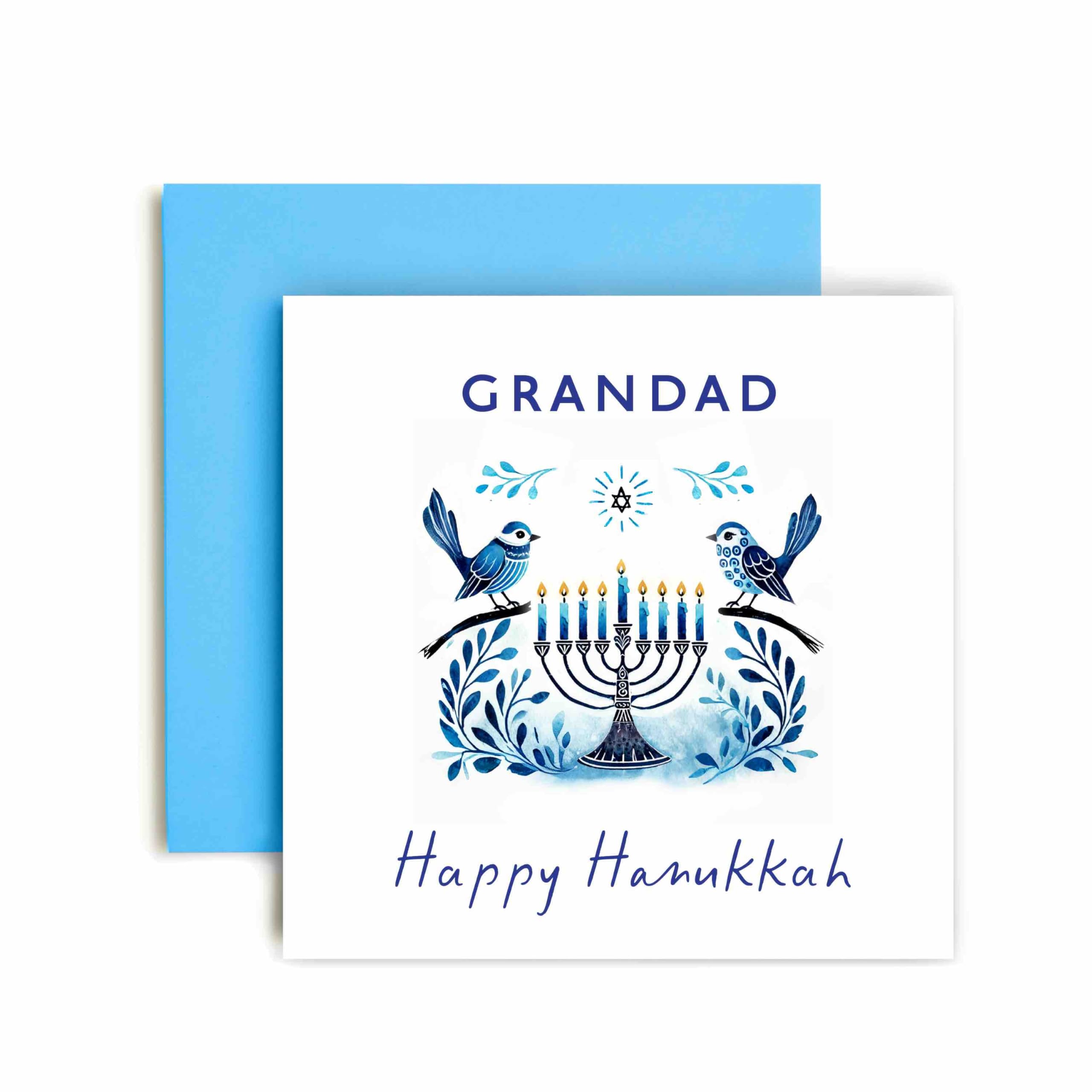 Huxters Hanukkah Cardfor Grandad – Menorah and Bird Watercolour Design – Jewish Festival of Lights DreidelTraditions (Grandad)