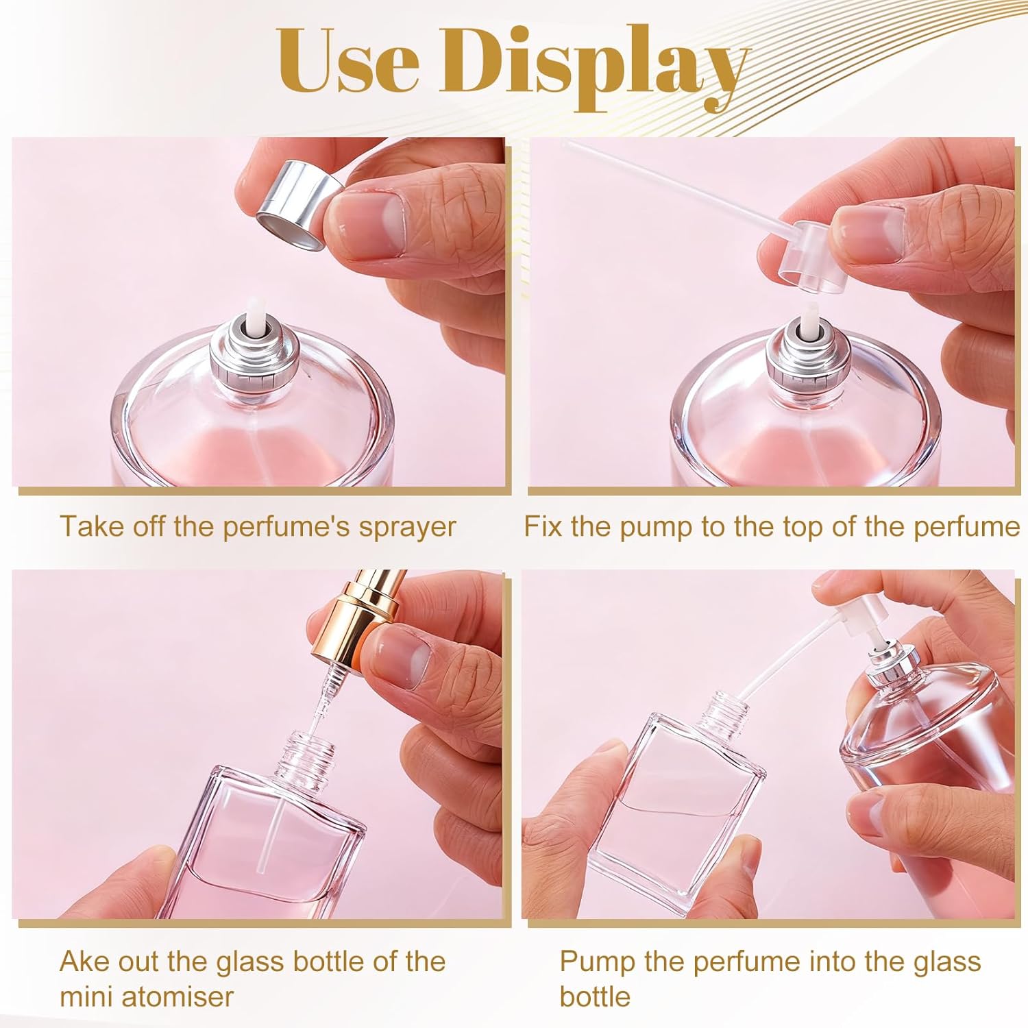 30 Pcs 12 ml Square Glass Perfume Bottles, Refillable Empty Spray Atomizer, Travel Size, Gold Cap, Transparent Body, Bulk Set
