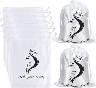 Satin Wig Pouches for Wigs Bundles Hair Extension Supplies - Silk Bags with Drawstring - Home and Salon Use (6PCS White)