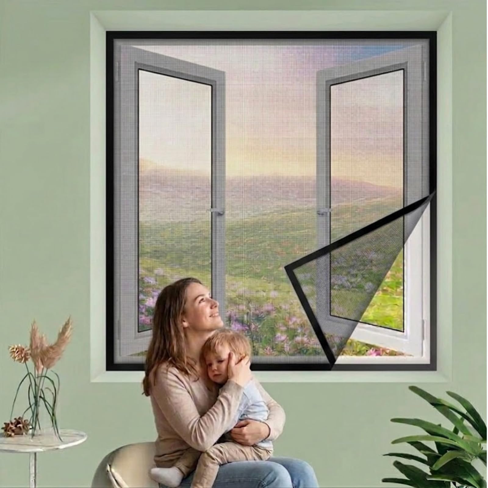 Washable Fiberglass Mesh Self-Adhesive Screen, Cat Scratch Resistant Easy Cleaning Mesh Curtain for Kitchen Balcony Temporary Seasonal Use, Air Flow Friendly Easy Install(Black,60x65cm)