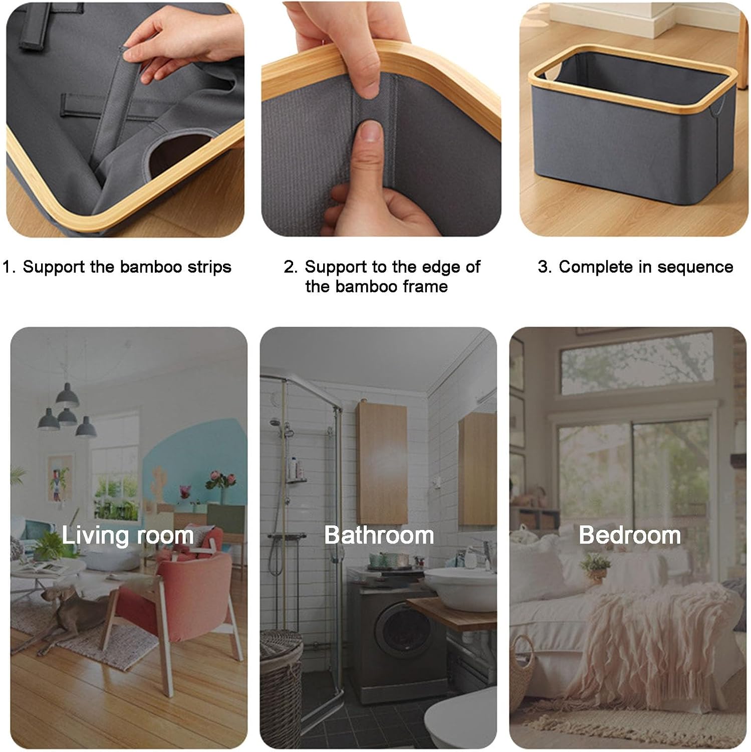 Bamboo Laundry Basket, Laundry Baskets with Handles, Collapsible Laundry Hamper, Oxford Cloth Material, Bedroom Dirty Clothes/Towels/Blanket/Toys Storage Box(Beige,49x35x45cm/20x14x18in)