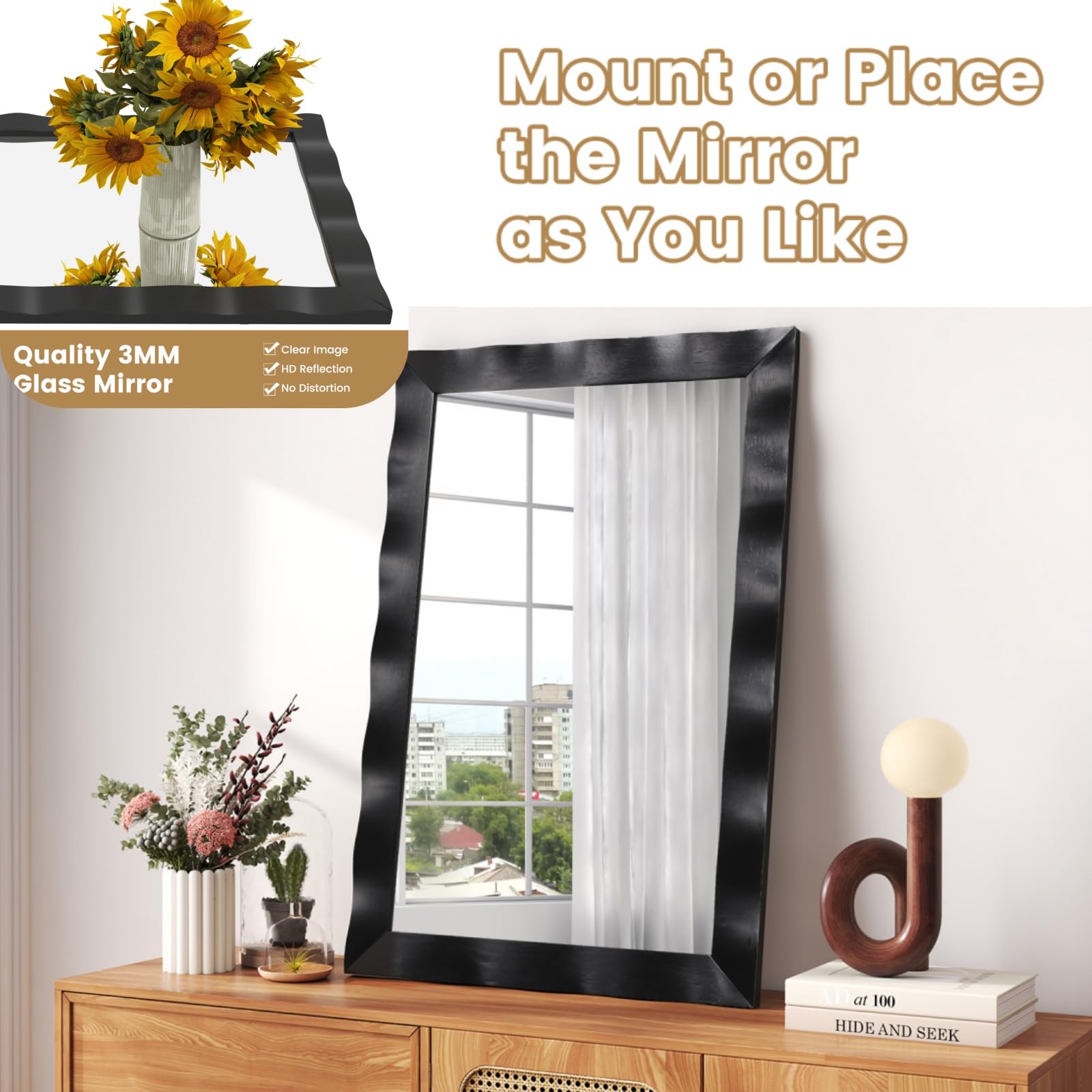 LIFEZEAL Specchio da Parete, 106x71,5 cm, Specchio con Cornice in Legno di Gomma, Specchio Ingresso Moderno, Specchio Rettangolare da Camera da Letto, Specchi Con ganci a 2 Vie (nero)