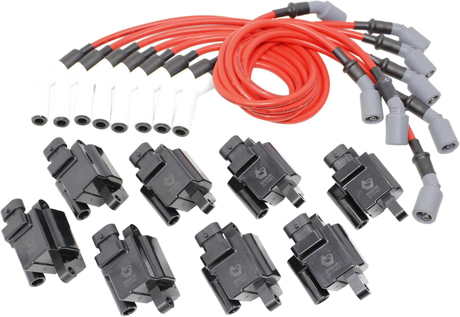 DRAGON FIRE PERFORMANCE Power Pack High Temperature Ceramic Low Ohm Plug Wires and Performance Ignition Coils Compatible With 2000-2010 Mercruiser 496 8.1L HO MAG Engines Oem Fit Kit-1513