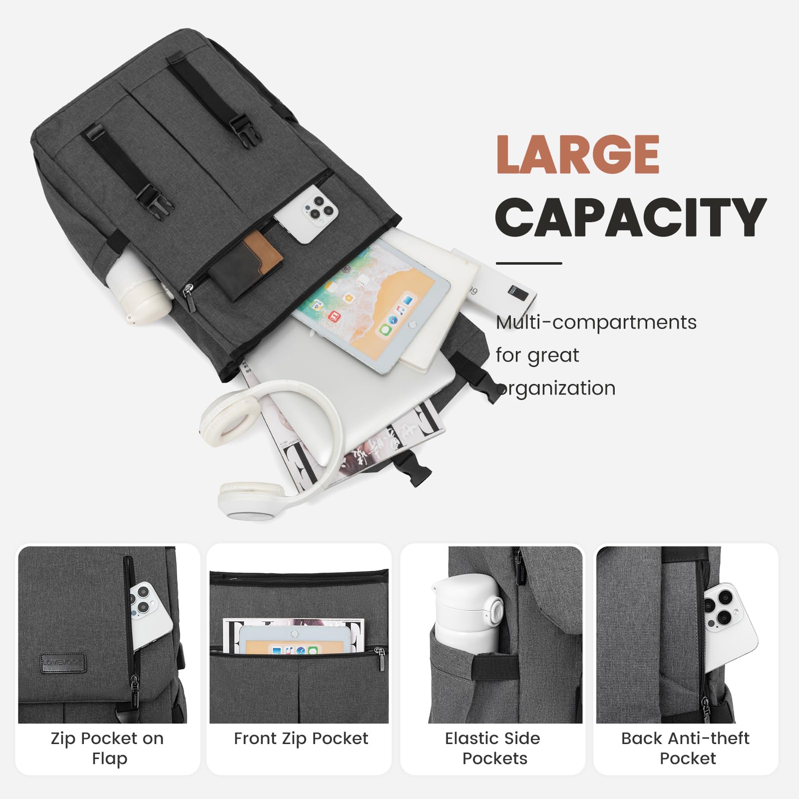 LOVEVOOK Zaino Donna Uomo Borsa Porta PC 15.6 Pollici Zainetto Donna con USB Zaino Scuola Media Superiore Antifurto Zaini Scolastici Impermeabile Laptop Backpack per Università Viaggi Ufficio