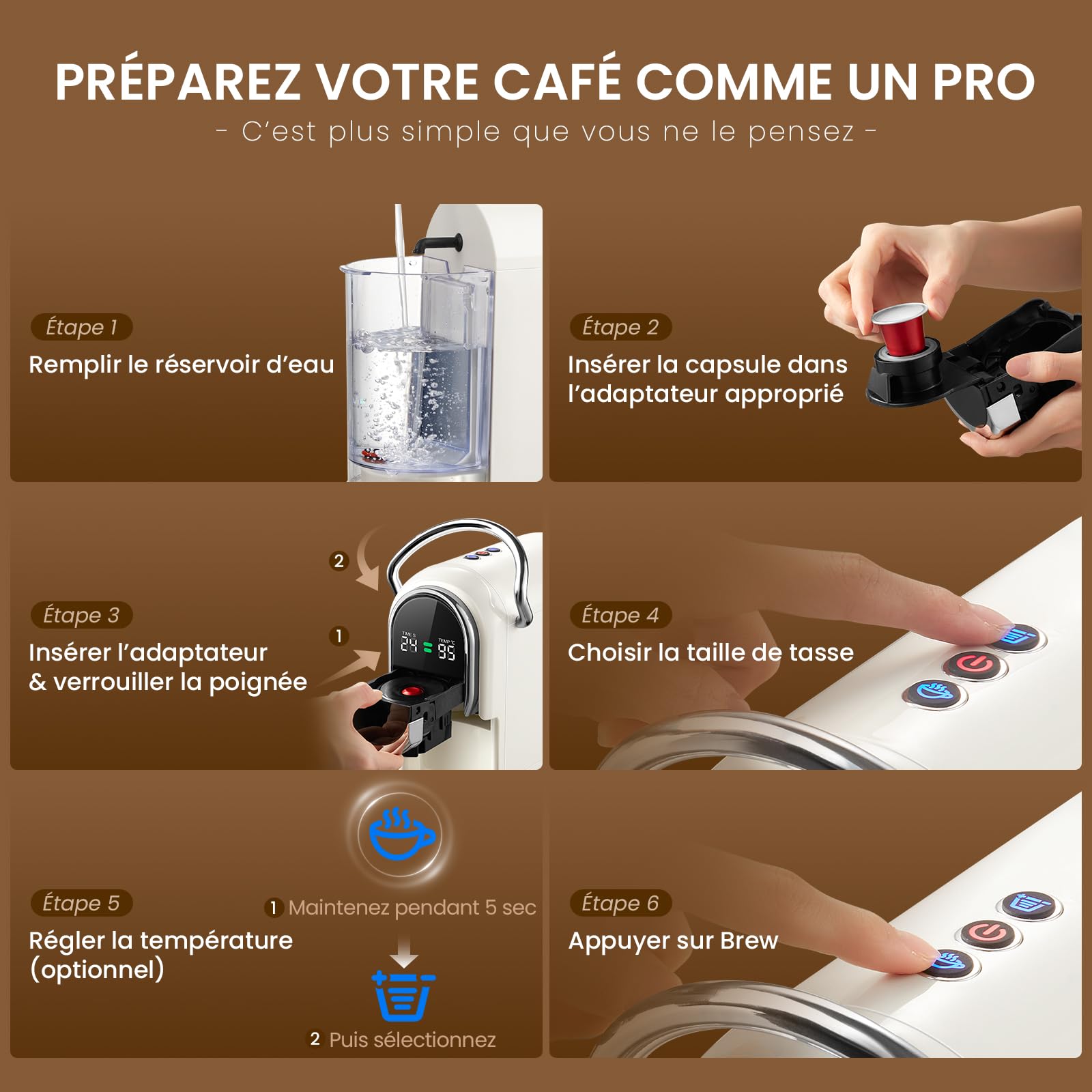 Magician1 Machine à café Capsules pour Nespresso, Dolce Gusto, Lavazza A Modo Mio, Dosettes ESE 44mm et Café Moulu, Température et Taille Tasse Réglable, 20Bar, Cafetière Chaud ou Froid (Blanc)
