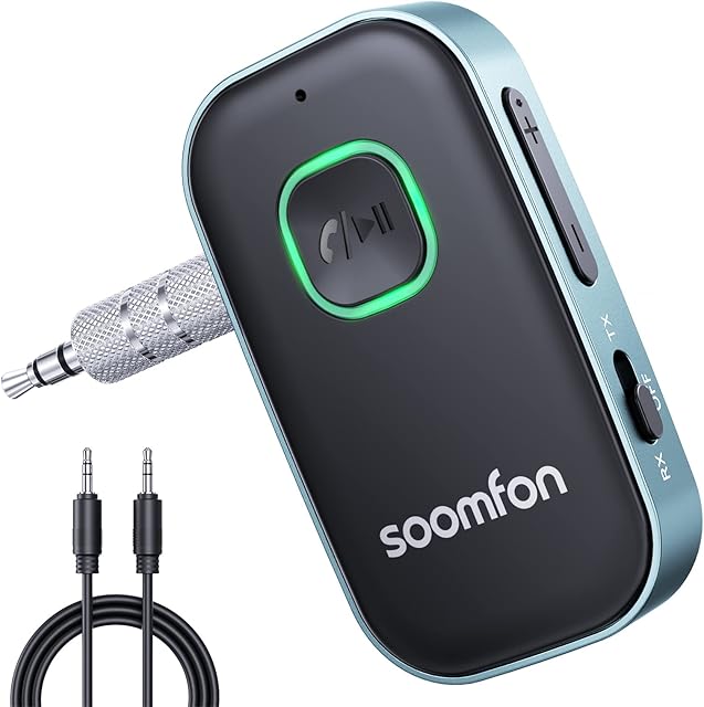 Bluetooth 5.0 Transmitter Receiver - SOOMFON 3.5mm Bluetooth Aux Adapter Noise Reduction, Dual Connection, Plug and Play Audio Receiver with Aux Cable for Car Speaker Headphone