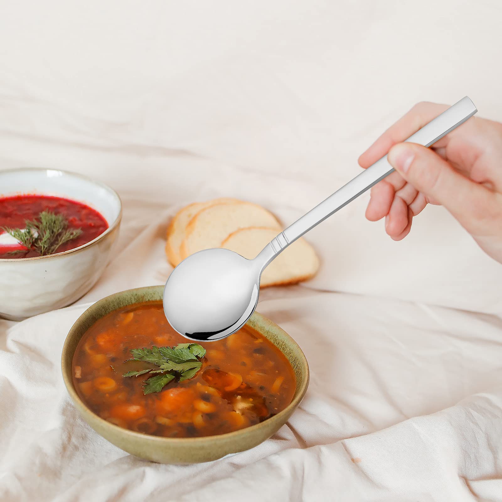 Cucharas de sopa de acero inoxidable, cuchara redonda de caldo de 12 piezas