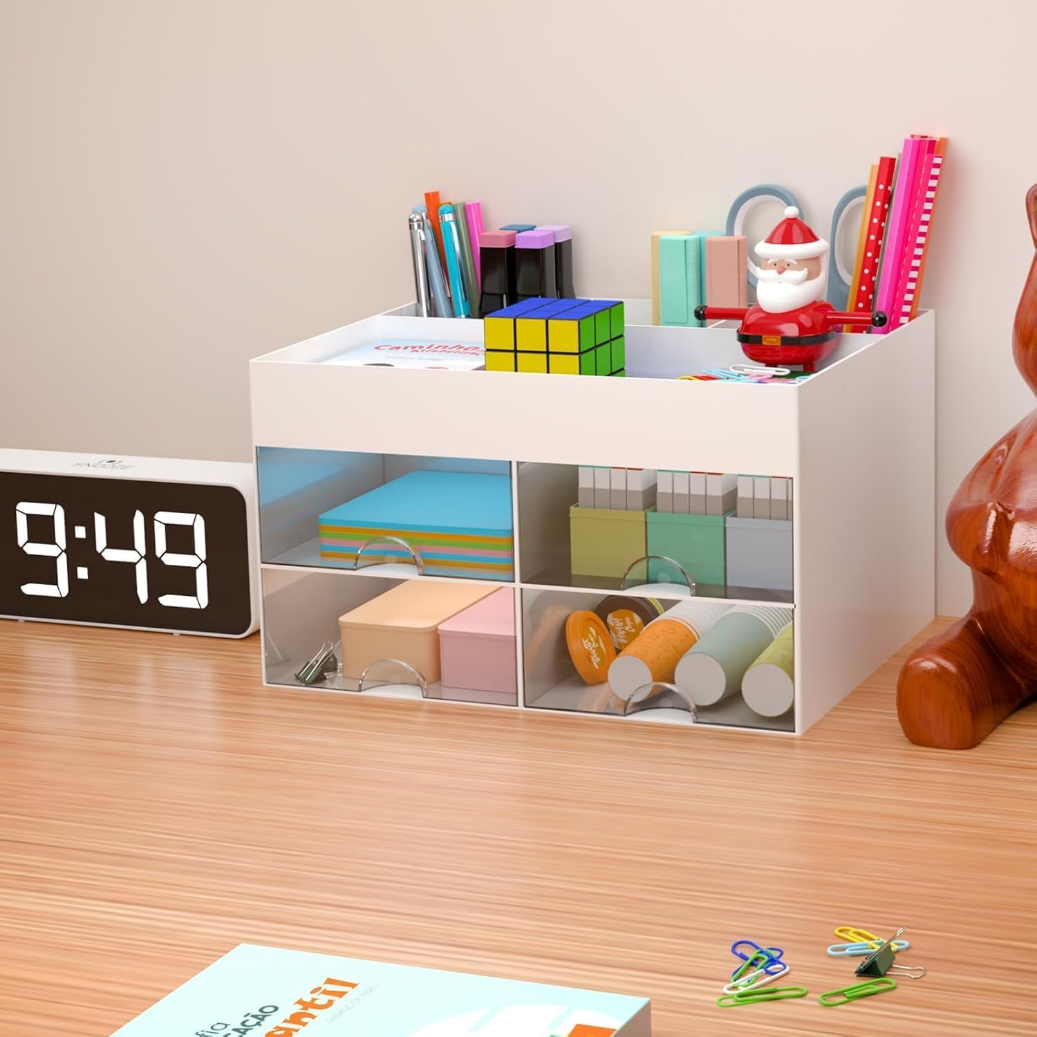 Zollyss Organizer da scrivania multifunzionale in plastica con 4 scomparti e 4 cassetti, organizer da scrivania per articoli di cancelleria, organizer per cosmetici, per penne, cucitrici, clip