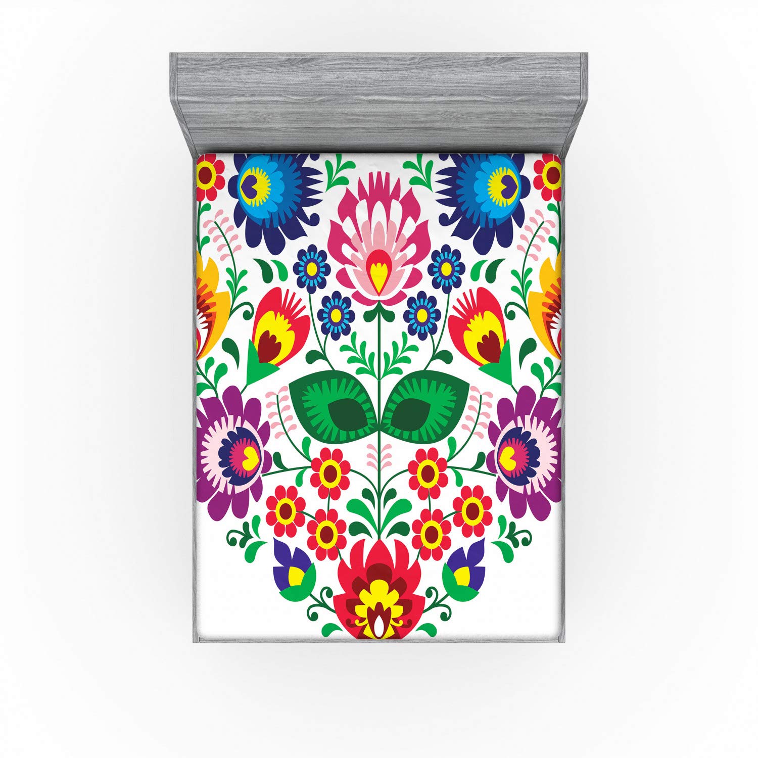 Ambesonne Polish Folk Art Fitted Sheet, Folkloric Slav Motif Graphic Shape as Heart with Colorful Spring Flowers, Bed Cover with All-Round Elastic Pocket for Comfort, California King, Green Purple