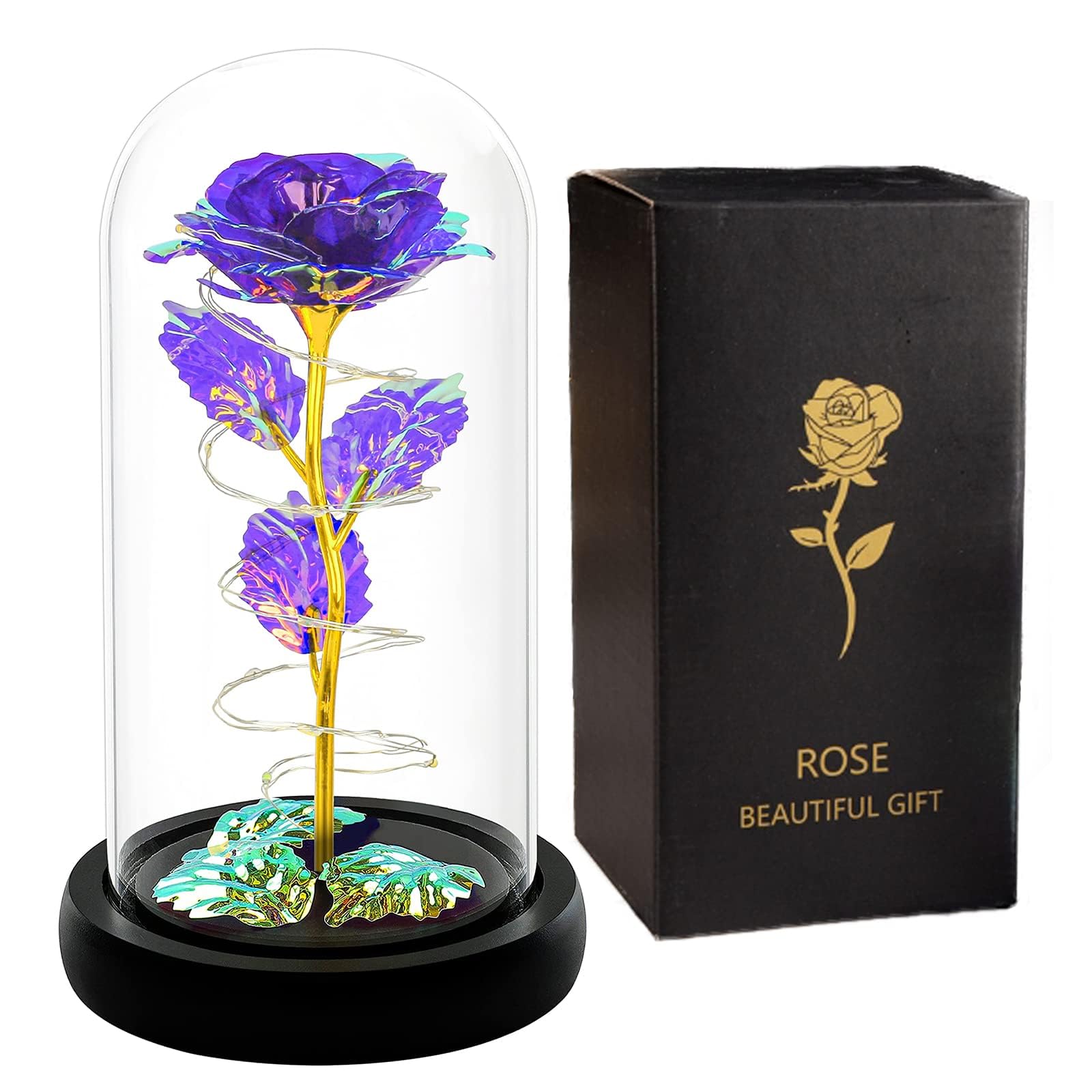 Arabest Colorful Artificial Flower Rose Gift, LED Light Forever Rose Birthday Gifts for Women Mom Grandma Wife, Rose Flower in Glass Dome, Unique Gifts for Mother's Day (Purple)