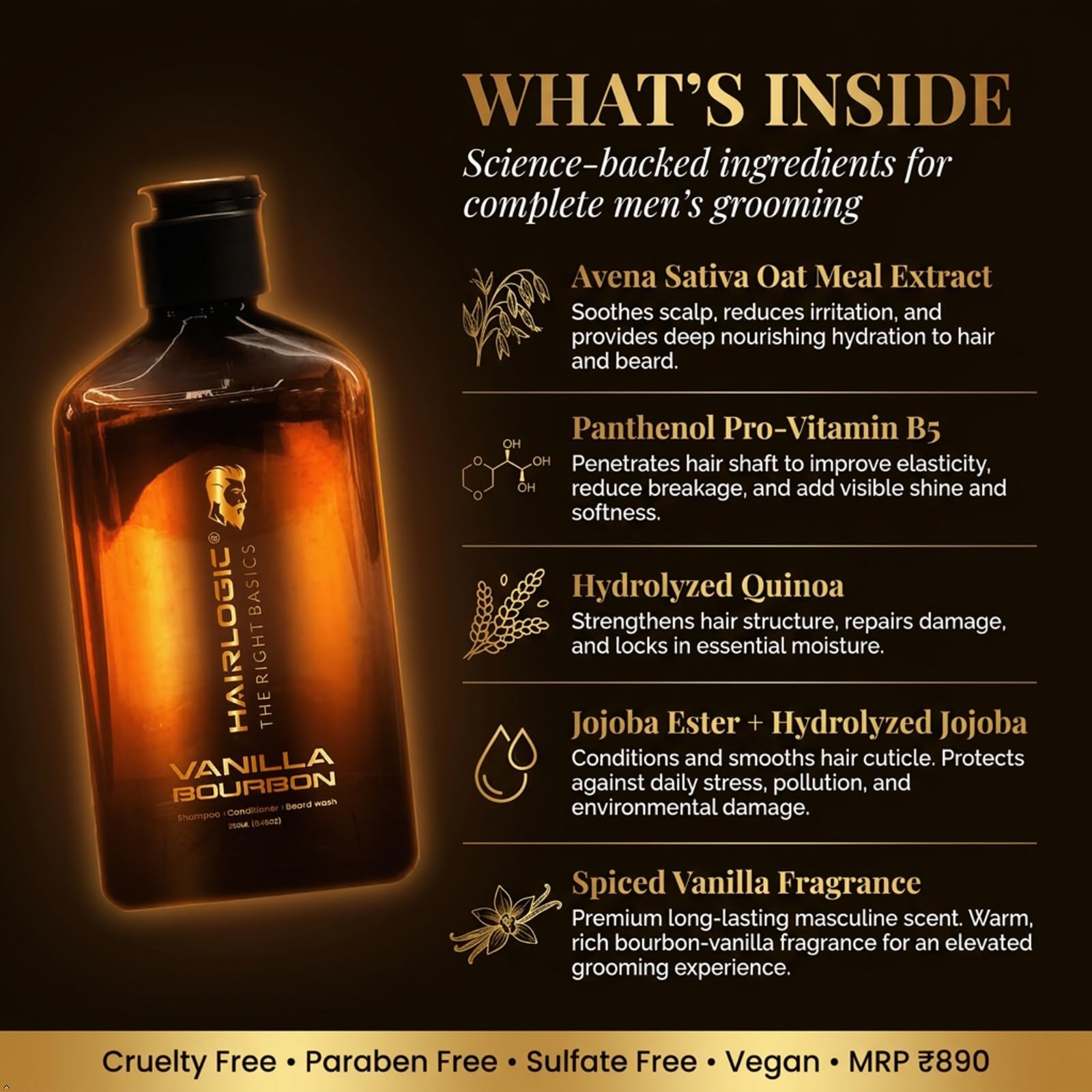 HAIRLOGIC Vanilla Bourbon 3-in-1 Shampoo Conditioner & Beard Wash for Men – Sulfate Free Hydrating Cleanser for Hair & Beard | All Hair Types | 250ml 2