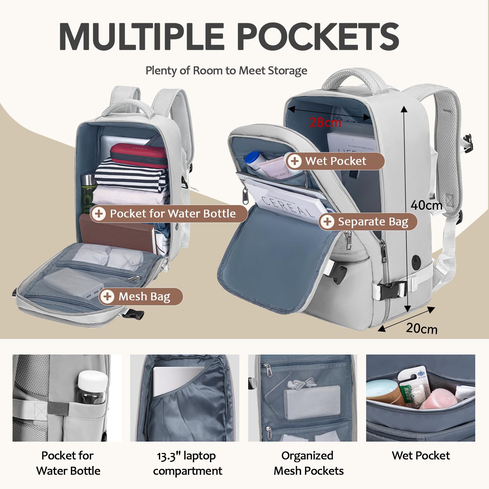 Xkdoai Zaino 40x30x20 per Ryanair Zaino da Viaggio Bagaglio a Mano 40x30x20 Ryanair con Borsa Antifurto e Tasca per Bottiglie per Viaggi Brevi
