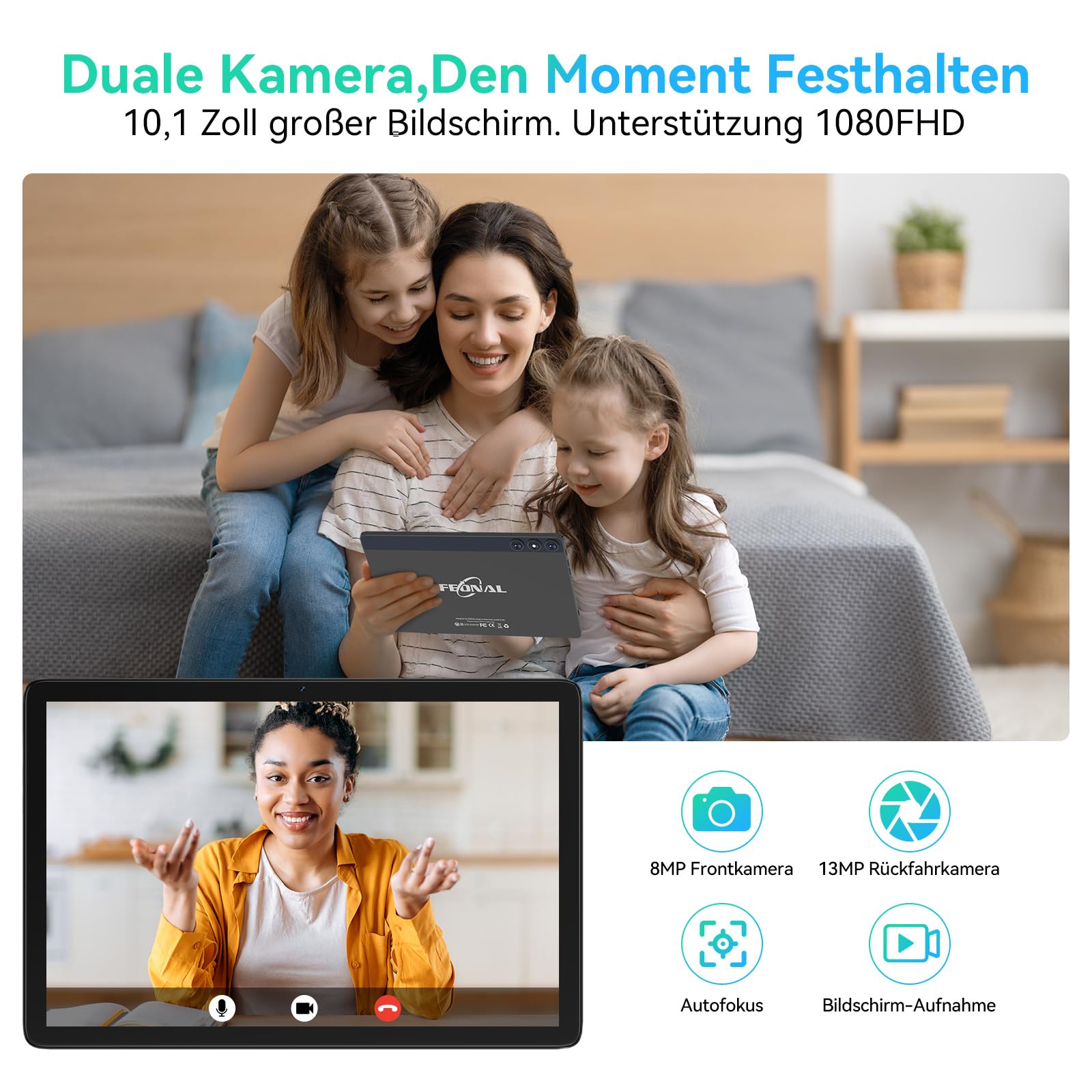 FEONAL Android 15 Tablet 10 Zoll, 4G LTE Tablets Mit 2 SIM 1 SD Slot, 5G WiFi Tablett PC Mit 14GB+128GB(1TBTF), Tablet Mit Tastatur Maus Stift & Hülle, 8-core, 1080FHD, 21MP, 7000mAh, GPS/OTG - Grau