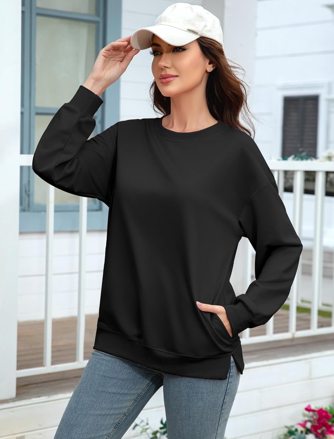 Womens Crewneck Sweatshirts Fashion Lightweight Sweatshirt Casual Long Sleeve Pullovers With Pockets - Image 5