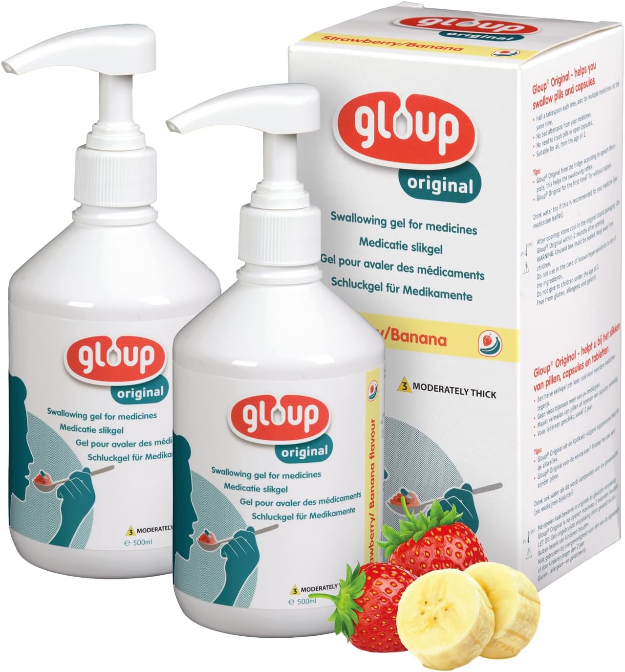 Gloup Original Pill Swallowing Gel – Strawberry Banana Flavor, 500ml (16.9oz), IDDSI Level 3 Yogurt Thickness, Natural Gel Swallowing Aid for Tablets & Capsules (Gloup Original - 1 Pack)