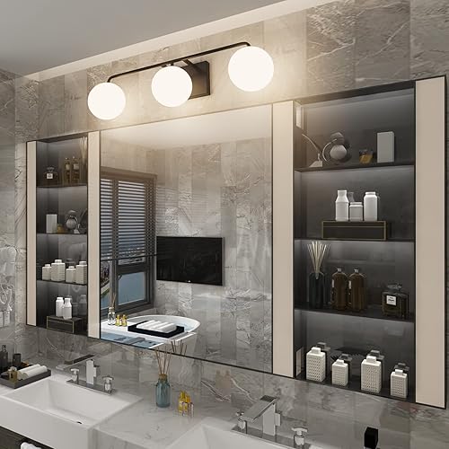 Miniatura 6 de Tipace Lámparas de tocador de baño modernas de mediados de siglo, 3 luces, color negro y blanco leche, iluminación industrial sobre espejo (excluye