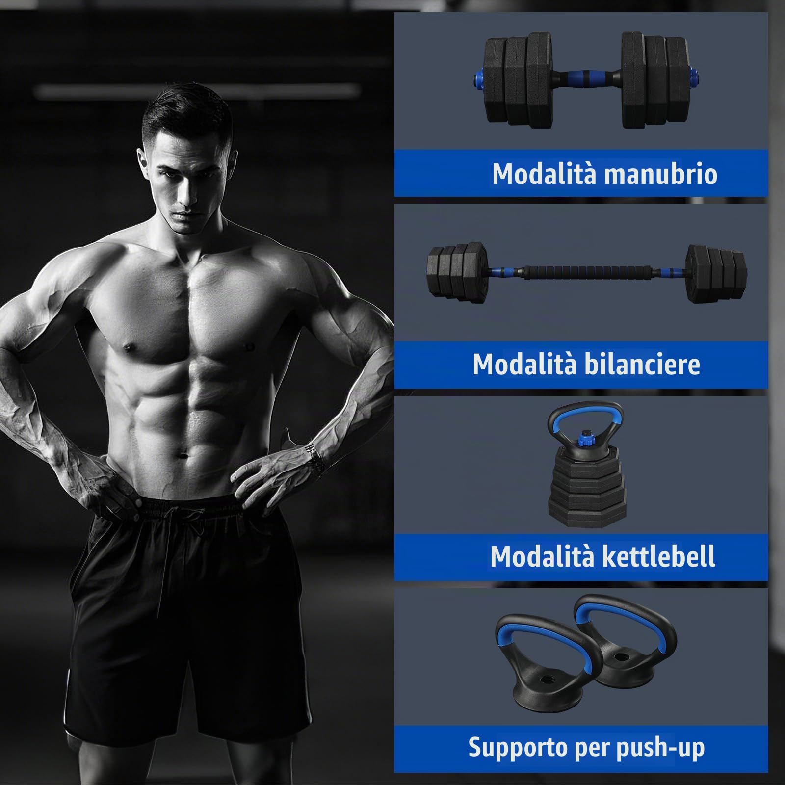 Manubri Regolabili 20 KG 4 in 1 con Bilanciere e Kettlebell