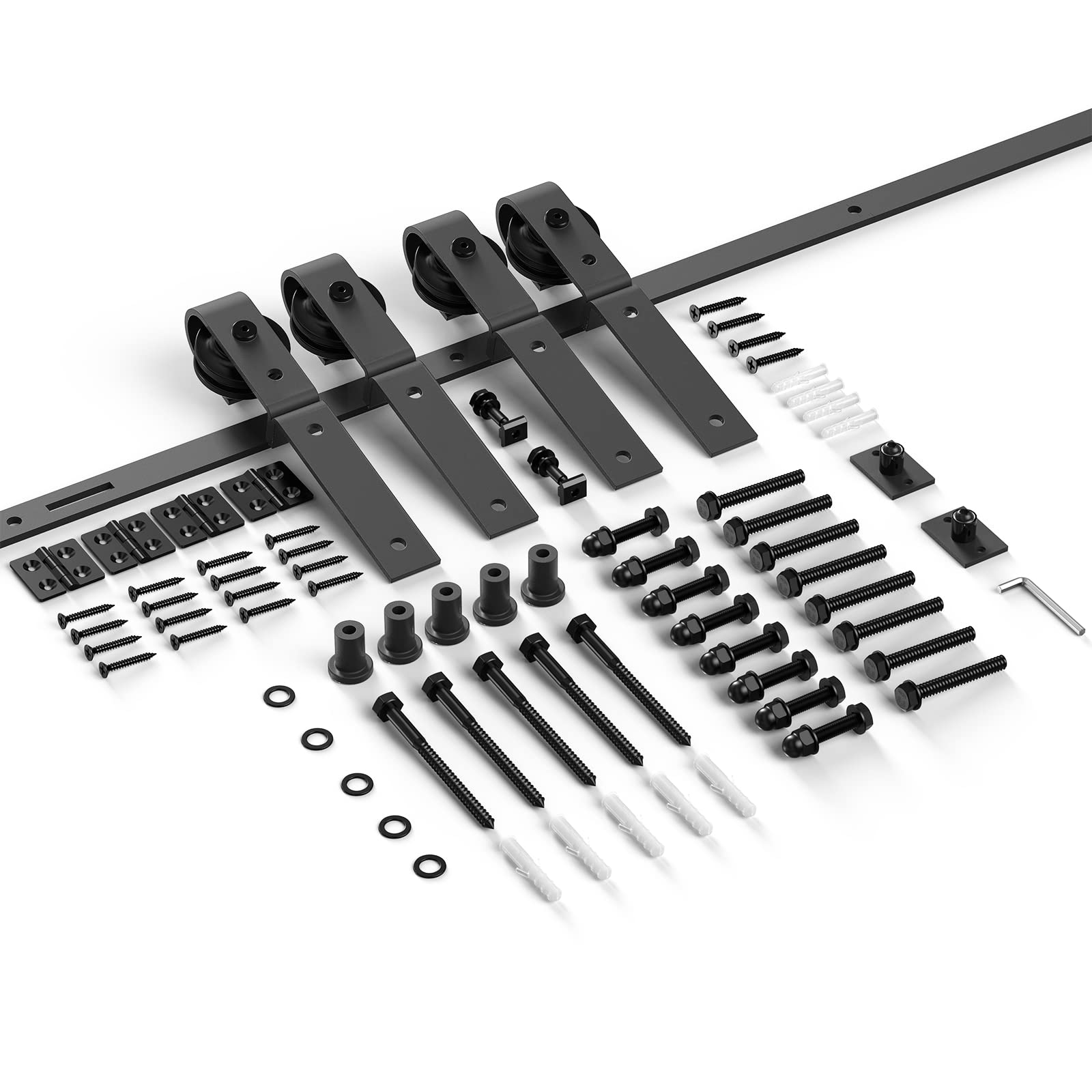 ROOMTEC Kit de quincaillerie pour porte de grange coulissante à deux battants de 1,5 m, kit de rouleau noir pour 4 portes, en forme de J (sans porte)