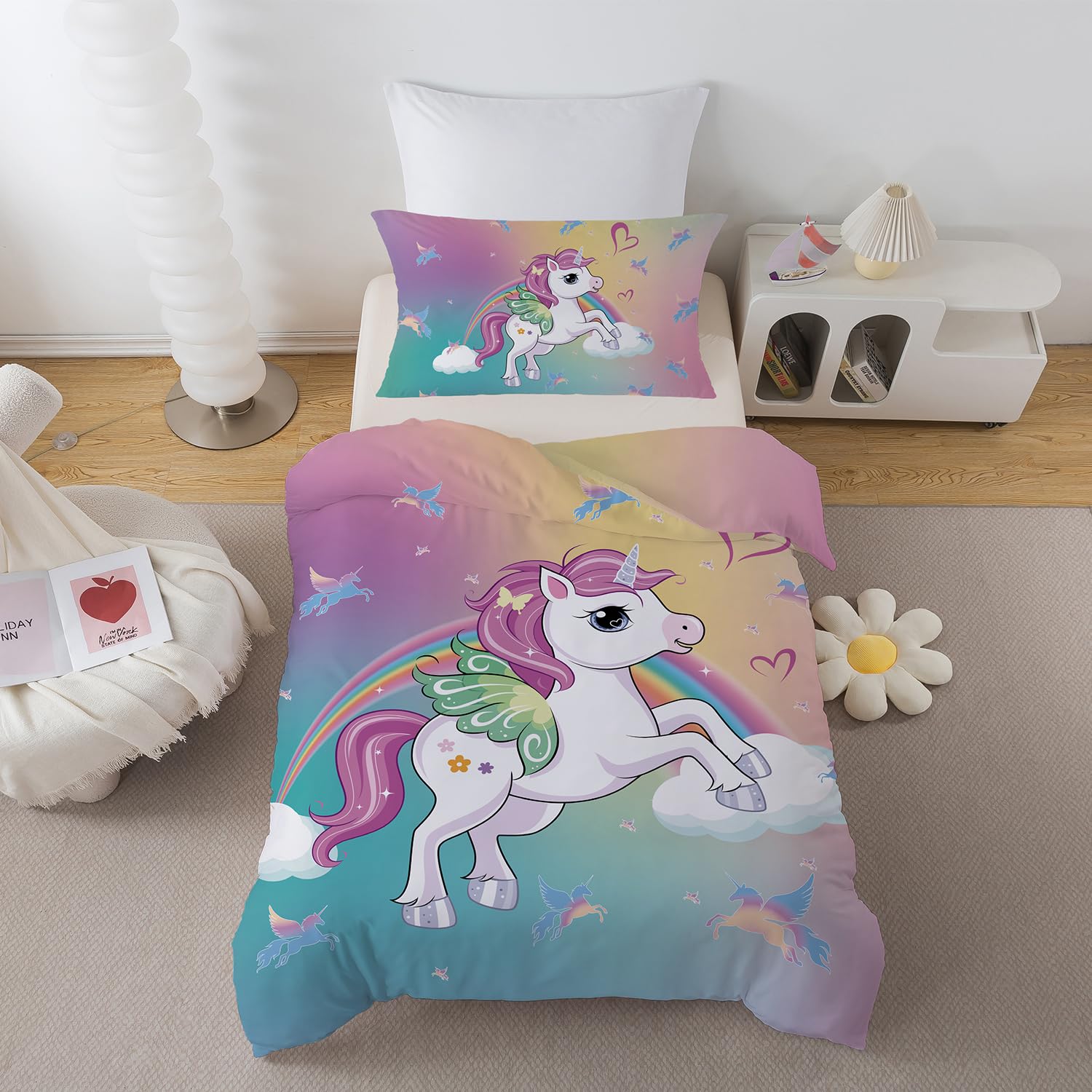 DJDEA Unicorn Bedding Set Single Bedding for Girls Children's Single Quilt Set 135cm X 200cm Rainbow Zipper Breathable Fiber Duvet Cover with Pillowcase 50 x 75cm