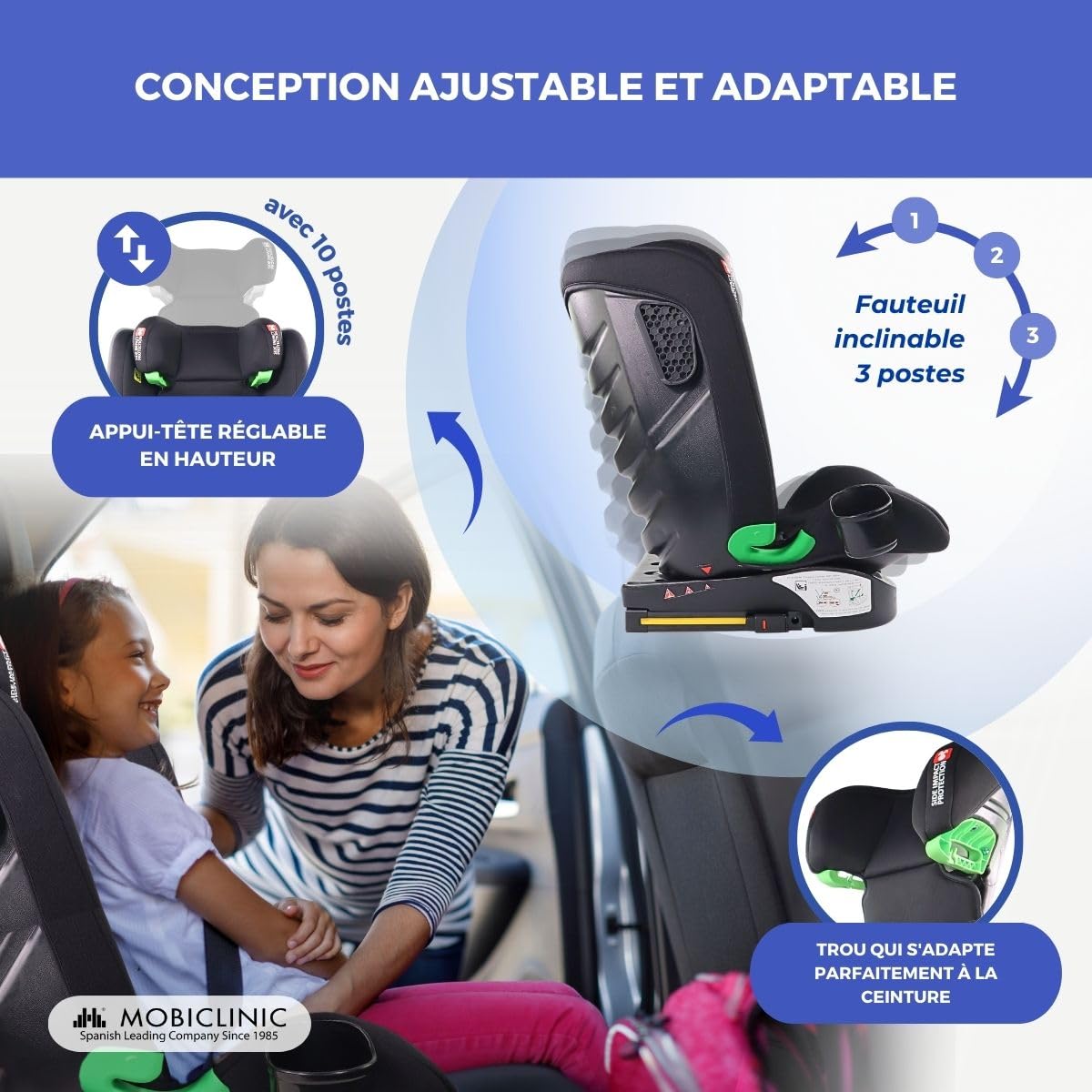 Mobiclinic® kids, Siège auto, I-size, Isofix, Groupe 2/3, 36kg, 4-12 ans, Lionfix max, Évolutif, 100-150cm, Protection latérale, Appui-tête réglable, 3 positions d'inclinaison, Porte-gobelet