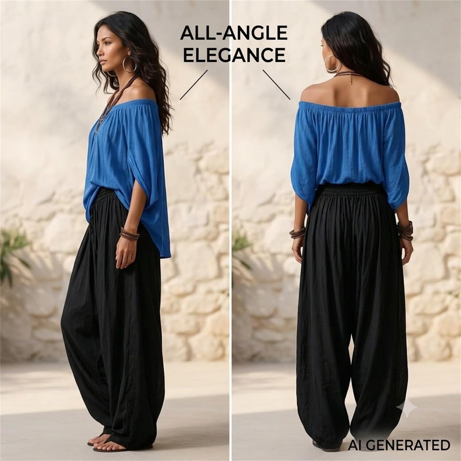 Women 2 Piece Outfits Off Shoulder 3/4 Sleeve Top and Loose Harem Pants Set