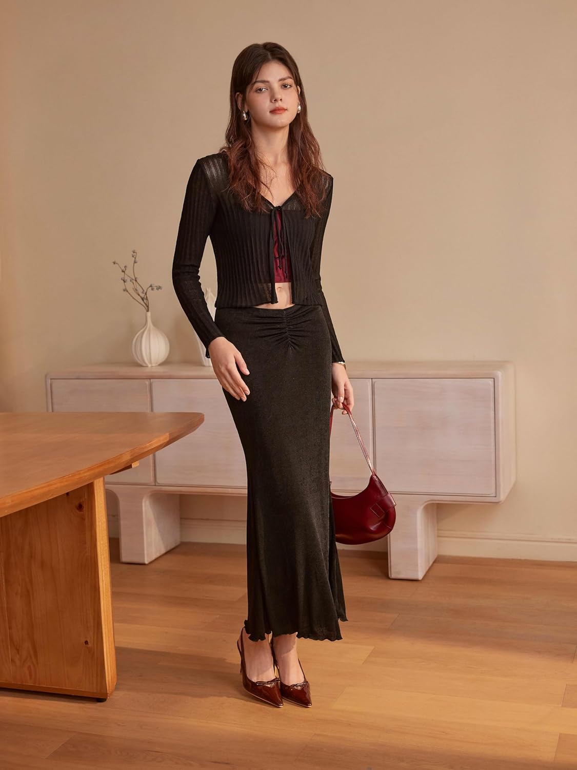 CIDER High Waist Skirts for Women Mermaid Skirt Fishtail Ruched Bodycon Long Maxi Skirt Lettuce Trim Stretchy - Image 2