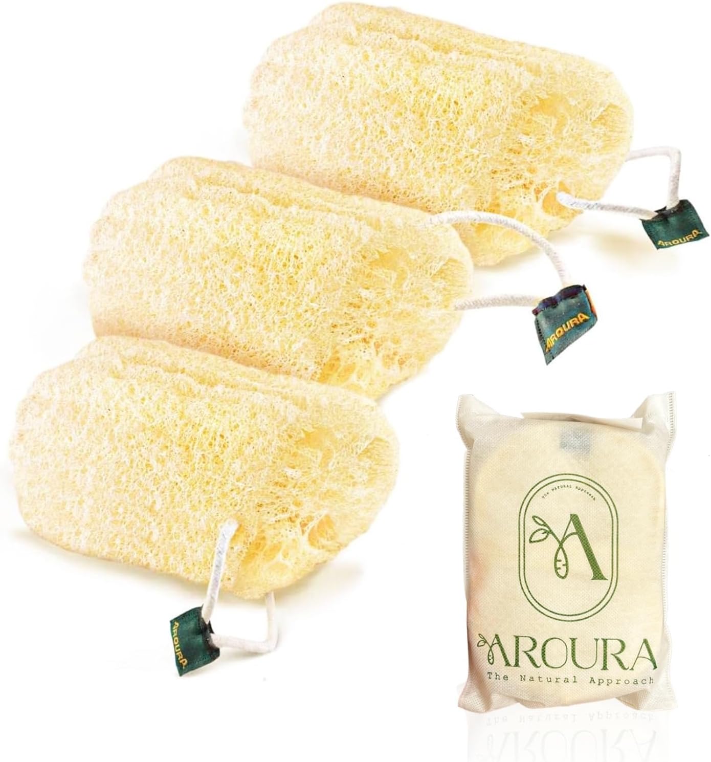Aroura 100% Natural Egyptian Loofah - Set Of 3, All Natural Exfoliating Loofa. Planted, Grown & Hand Selected from Egypt, 100% Eco-Friendly Intended For Your Entire Body 4"X7"