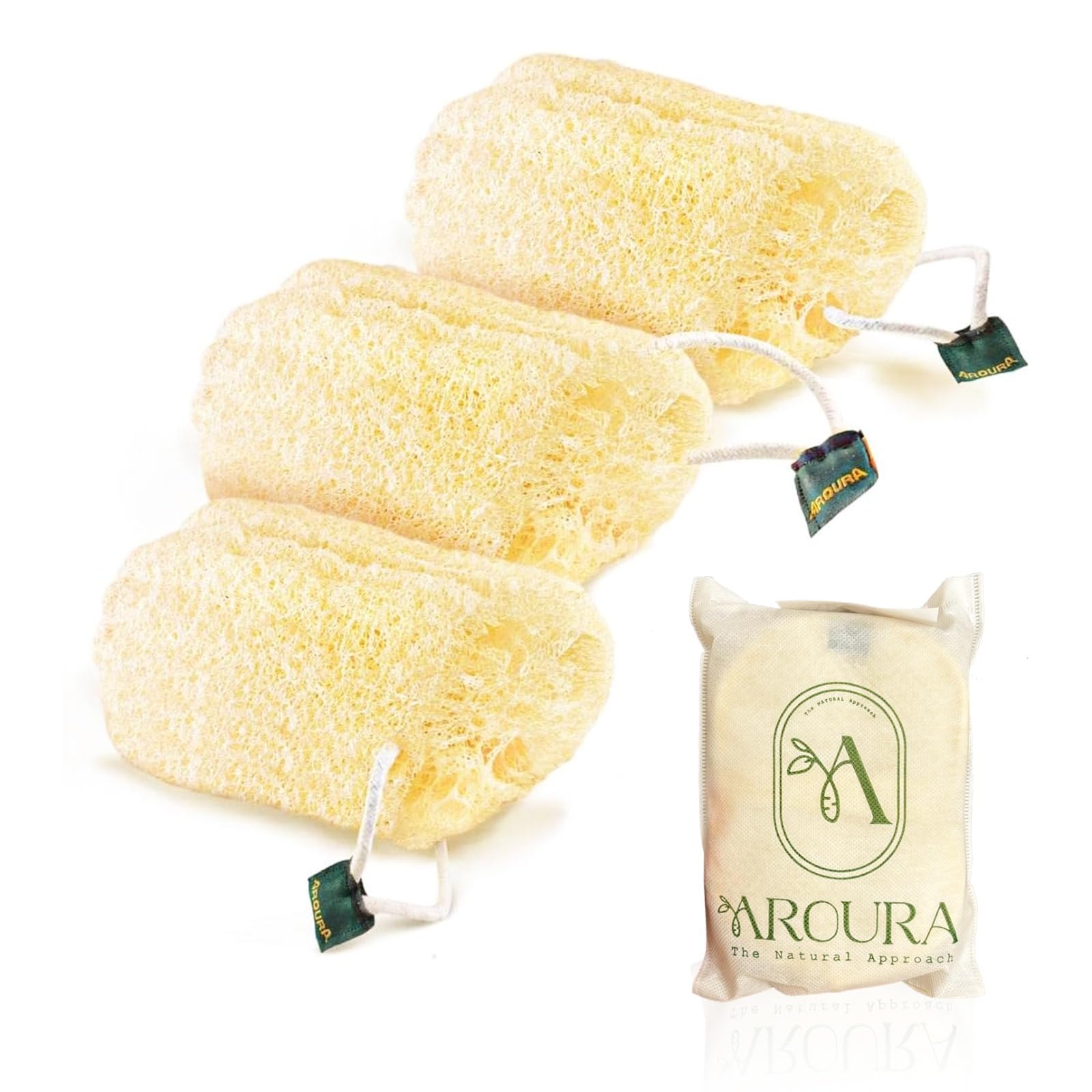 Aroura 100% Natural Egyptian Loofah - Set Of 3, All Natural Exfoliating Loofa. Planted, Grown & Hand Selected from Egypt, 100% Eco-Friendly Intended For Your Entire Body 4"X7"