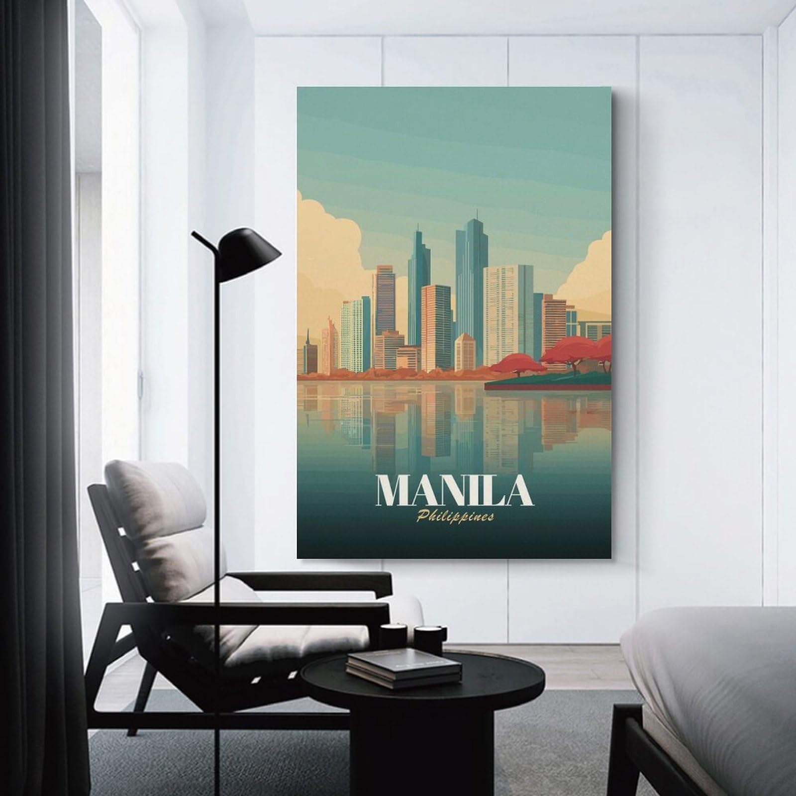 Junmoney Decorative Wall Artwork Manila Skyline Reflection, 24x36inch(60x90cm), for Home, Office, Studio Or Guest Room, A Flexible Wall Accent for Shared Spaces