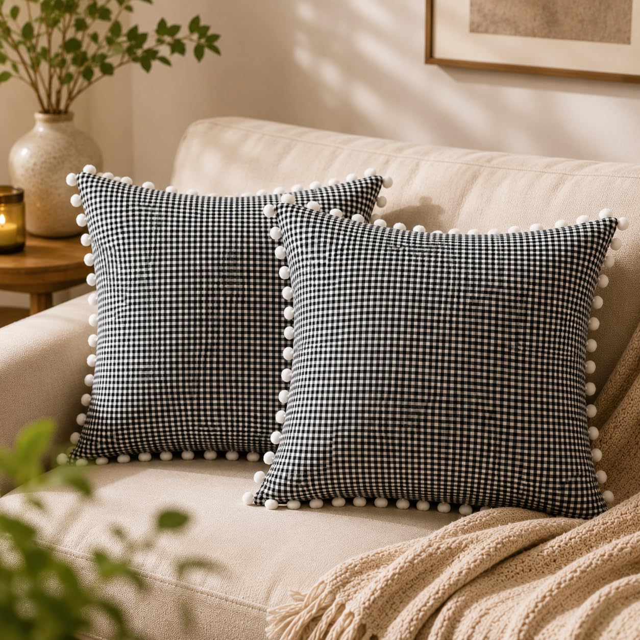 Decorative Cushion Cover Set of 2, Black White Gingham Check Pillow Covers with Pom Pom Fringe, Square Sofa Cushion Covers for Couch, Living Room, Bedroom Home Decoration (16 x 16 Inch)-image-1