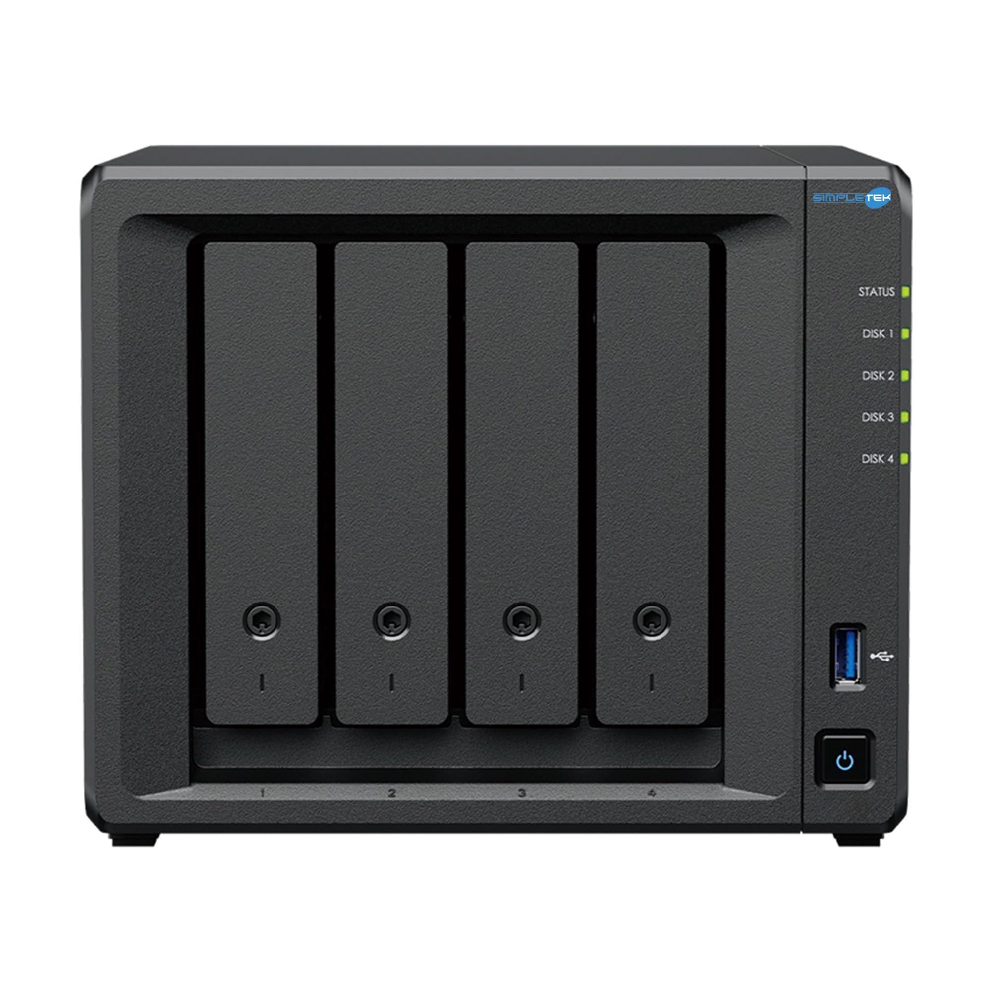 SIMPLETEK - Server NAS 4 Vani 4x120GB HDD 2GB RAM 2.5GbE (Ricondizionato) | Server NAS di archiviazione a 4 vani con 4 HDD da 120GB inclusi, 2GB RAM, LAN 2.5 GbE e slot NVMe per uso casa e ufficio.