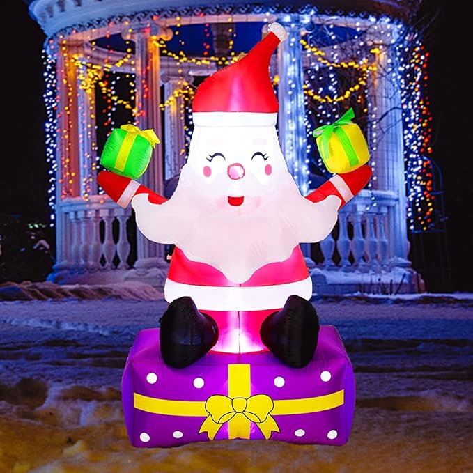 6Ft Inflatable Santa Claus Xmas Santa Claus with Gift Boxes Blow Up Yard Decor Christmas Outdoor Decorations, Built-in LED Lights with Tethers, Stakes for The Yard, Lawn, Garden