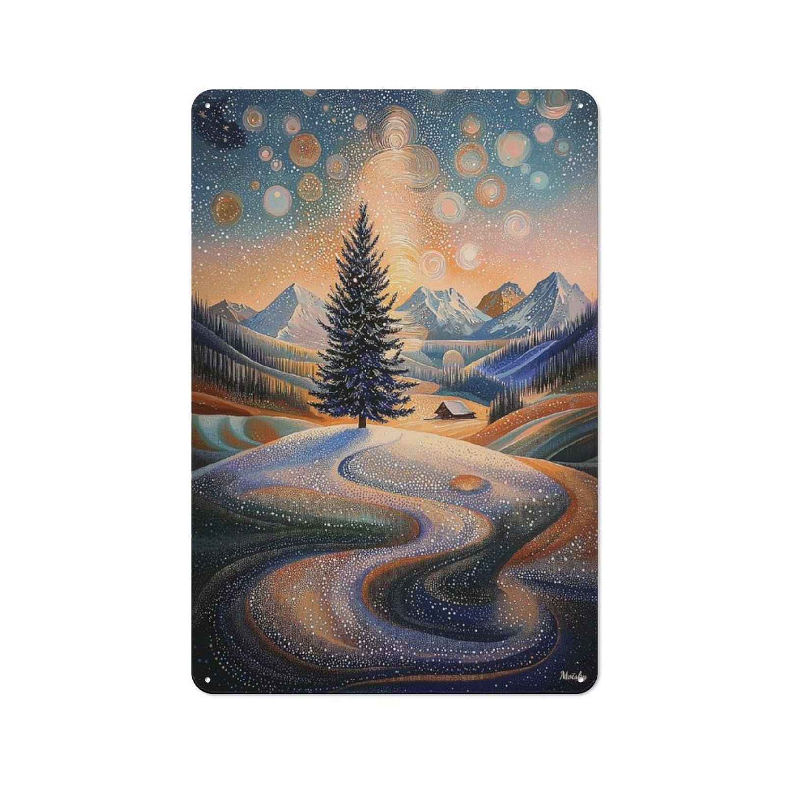 Junmoney Starry Winter Tree In Pointillist Style Metal Wall Plaque 30X20cm, Simple Retro Studio Wall Plaque For Office, Study, Studio Or Hallway