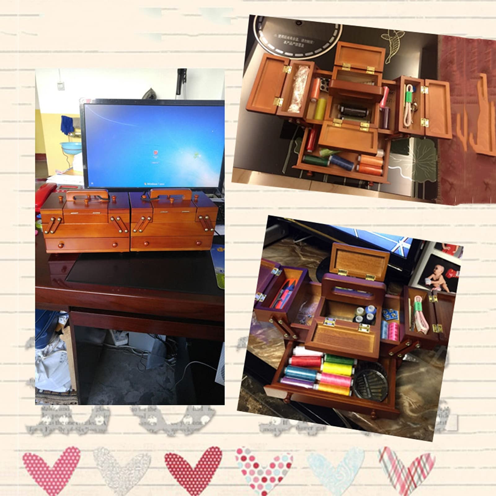 Nähkästchen-Organizer, Nähkästchen, erweiterbare Retro-Aufbewahrungsbox aus Holz mit Kit-Zubehör, geeignet for Nähliebhaber, Männer, Frauen, Rot