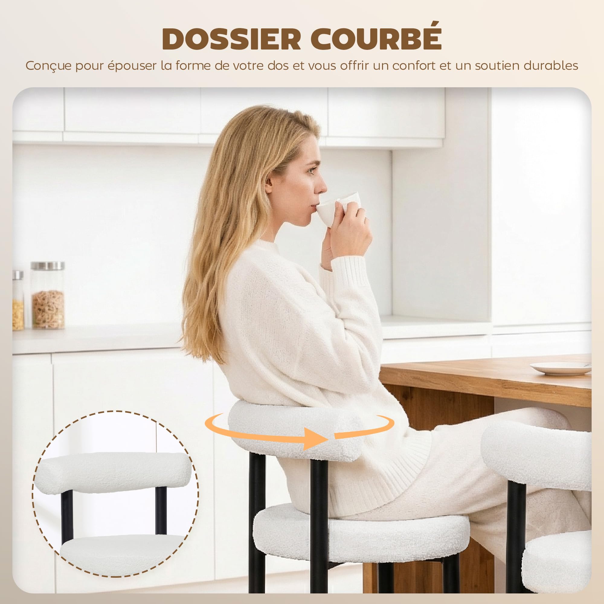 HOMCOM Lot de 2 Tabourets de Bar Tissu Bouclette 50 x 52,5 x 98 cm Blanc