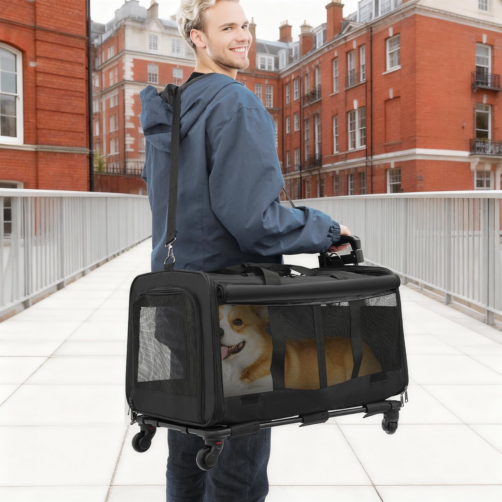 Transportín para mascotas con dos compartimentos y ruedas para gato/perro, caja de transporte extraíble para gatos con asa telescópica para 2 gatos/perros, hasta 17,5 kg, para viajes, senderismo