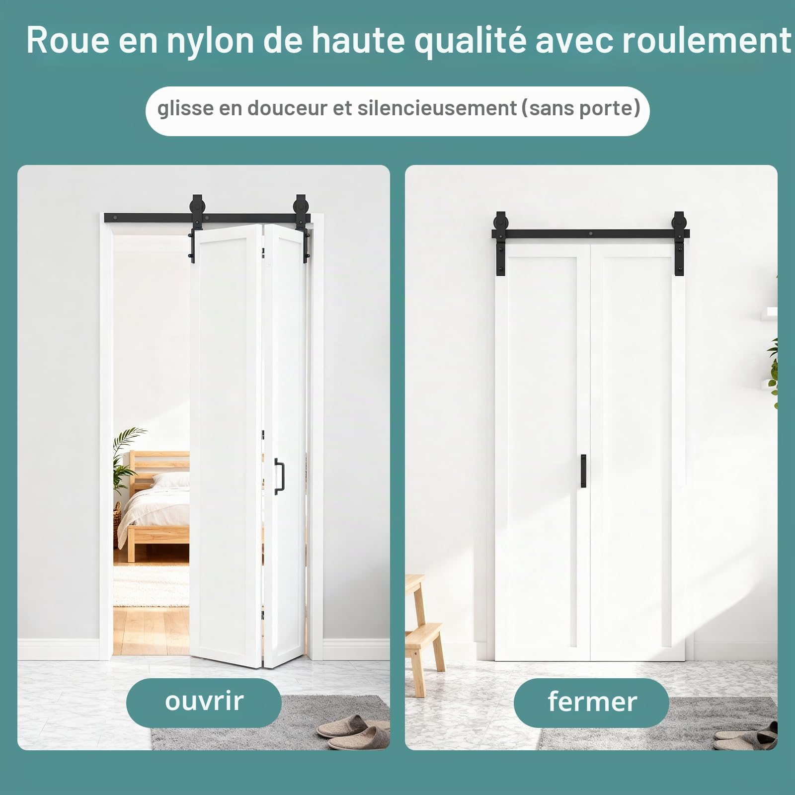 Kit complet de ferrures pour porte coulissante - 100 cm - Noir - Pour 2 portes - Peu encombrant - Rail de porte coulissante robuste