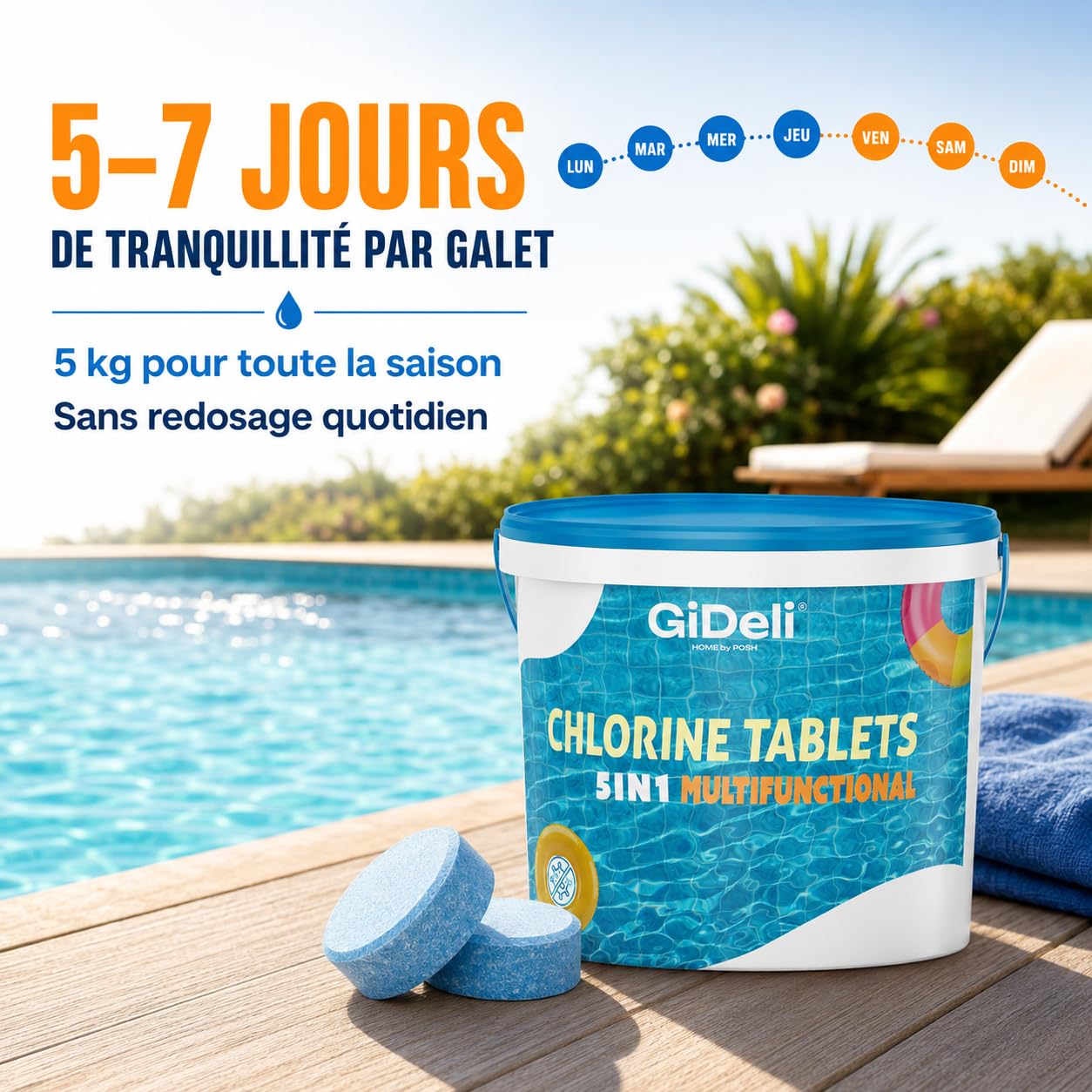 GiDeli Galets de Chlore Piscine Multifonction 5kg - Tablettes 200 g Longue Durée 4-en-1 - Anti-Algues, Stabilisé UV, Floculation - Hors-Sol, Tubulaire et Enterrée