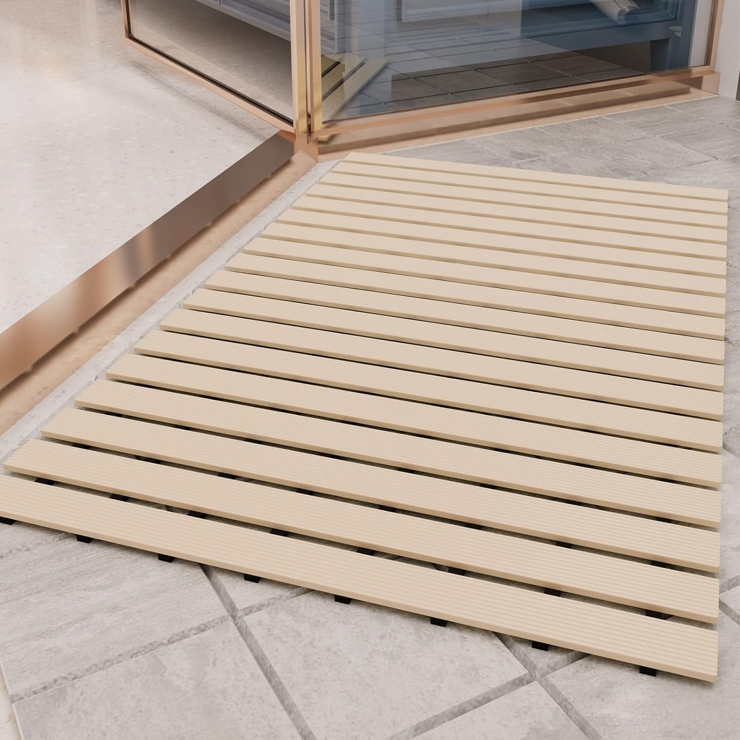 Eurotex Premium Shower Mat Anti Slip, Striped Anti Skid Bath, Stand up mat for Bath, Shower, Kitchen, Anti Bactirial, Machine Washable(Beige, 61cm x 45cm) (Beige)