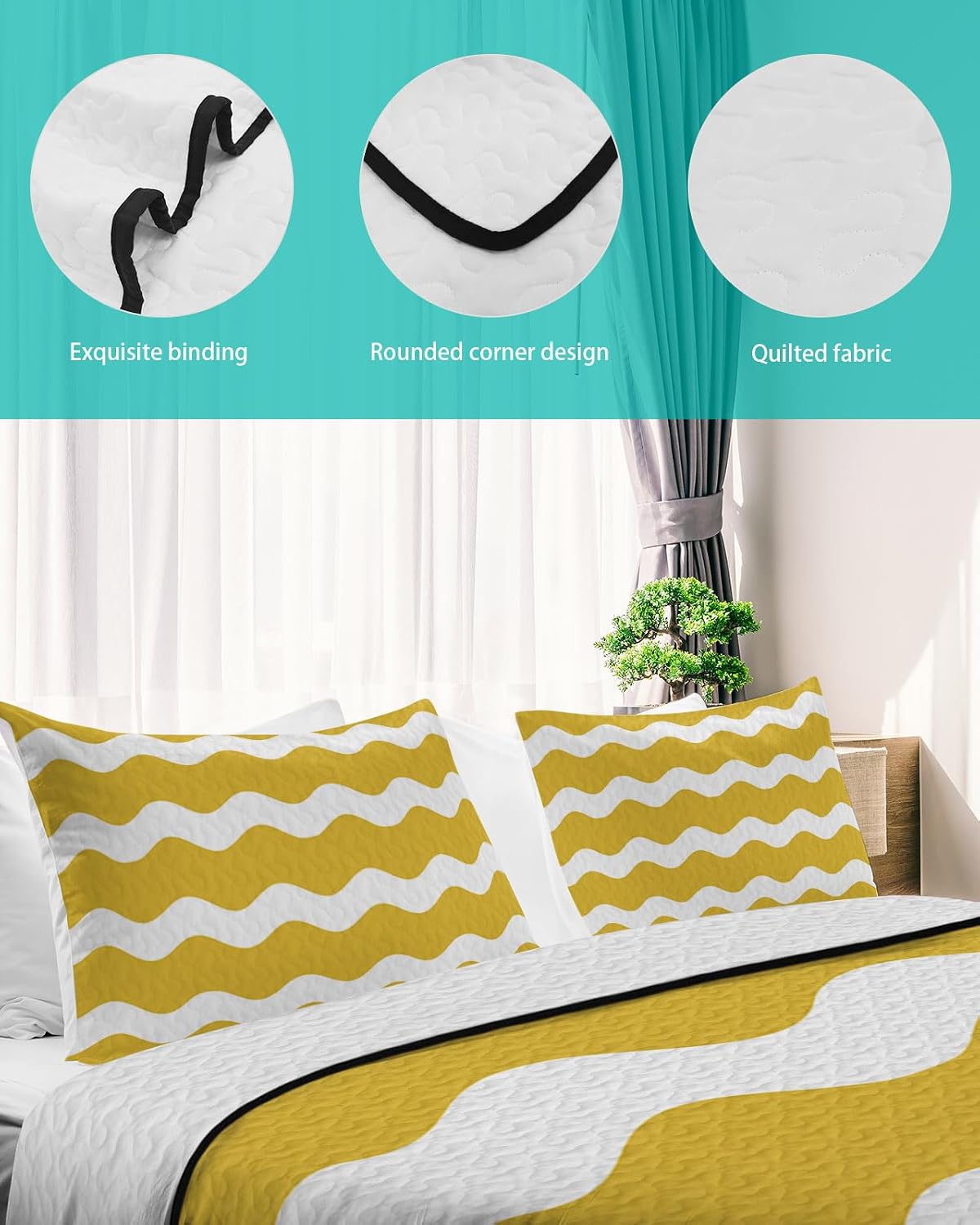 King Size Quilt Set, Yellow White Wave Striped Lightweight Bedspread Coverlet Set Soft Microfiber Summer Quilt with 2 Pillow Shams, Modern Chevron Stripe 3 Piece Comforter Bedding Set