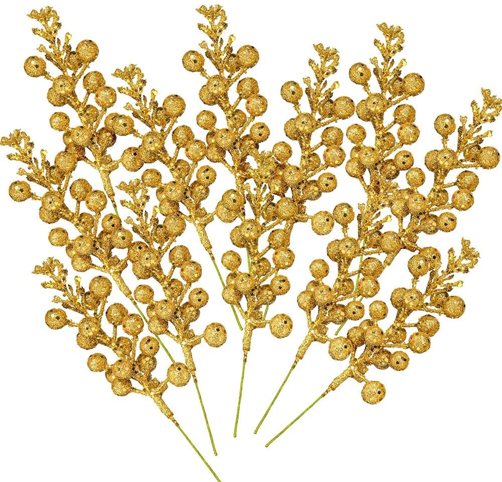 Tasber Gold 12Pcs Christmas Red Berries Stems, Artificial Berry Picks Holly Berries Burgundy Branches For Crafts, Diy Craft Christmas Wreath Garland Winter Holiday Decoration (Gold)