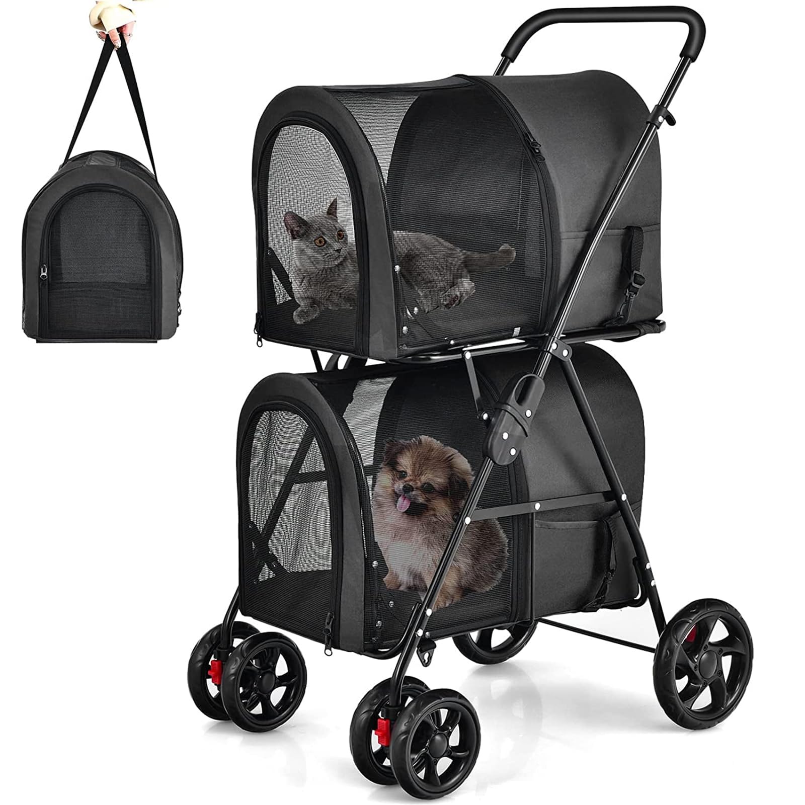 Cochecito para mascotas de dos pisos, cochecito plegable para mascotas 4 en 1 con bolsa de almacenamiento, cuerda fija, ventanas de malla, rueda giratoria de 360°, cochecito para cachorros